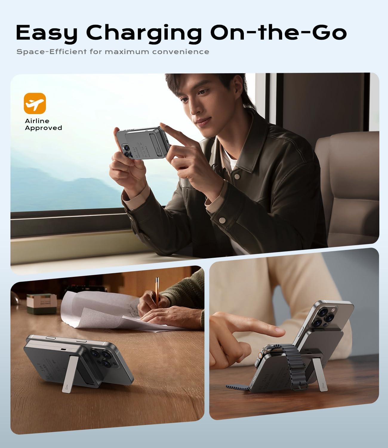 KU XIU K2 Magnetic Power Bank 5000mAh, Qi2 Certified 15W Fast Wireless Charger with Foldable Stand, 3-in-1 Portable Battery Pack for iPhone 16–12, Apple Watch & AirPods – Ideal for Travel & Desk Use - Image 5