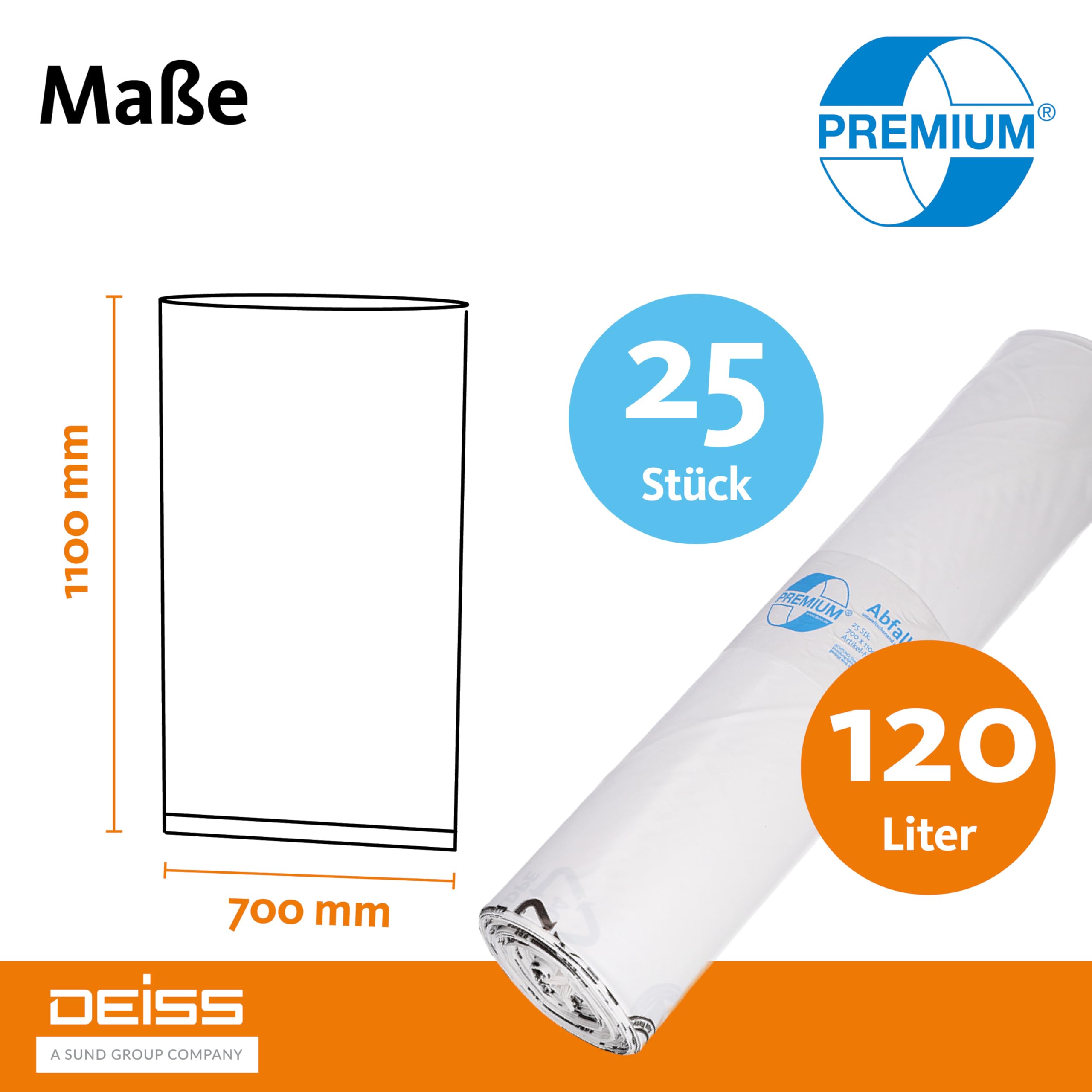Sacs poubelle DEISS Premium, Blanc ou transparent, 70 ou 120 l, 120 Liter - Typ 60, weiß, 1 (Lot de 5)