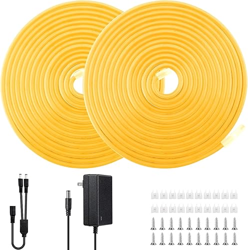 Tira de luces LED de neón de color blanco cálido, 32.8 pies, luces LED de neón flexibles de 12 V para interiores y exteriores, tira de luz LED