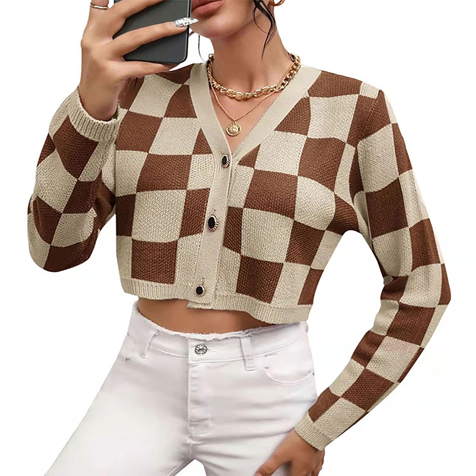 CORIRESHA Women's Checkered Cardigan V Neck Button Down Long Sleeve Knit Cropped Sweaters