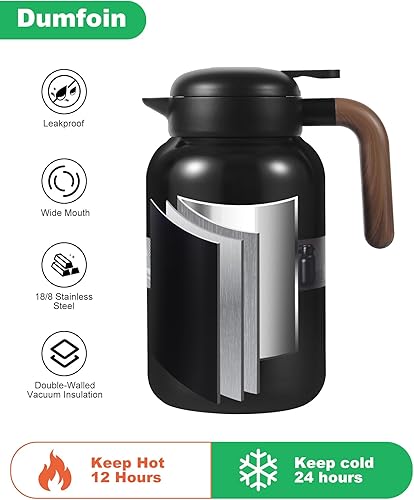 Miniatura 4 de Jarra térmica de café de 68 onzas, jarra de café aislada al vacío de acero inoxidable para mantener el calor, jarra de 2 litros para líquidos