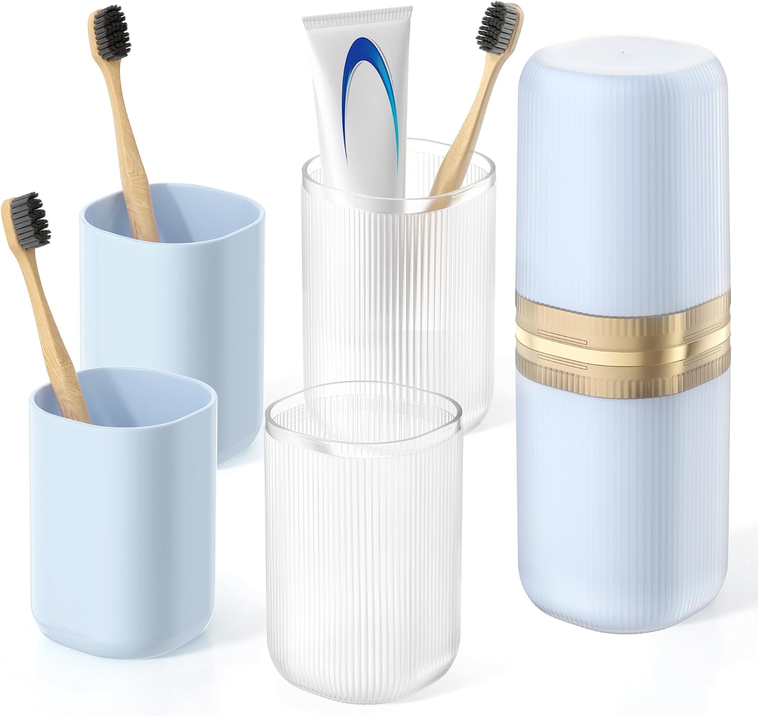 Quatish 4-in-1 Toothbrush Travel Case, Portable Toothbrush Holder with 4 Rinse Cups, Large-Capacity Storage for Toothbrush & Toothpaste, Ideal for Travel, Home, Camping, Gym, Business Trip (White)
