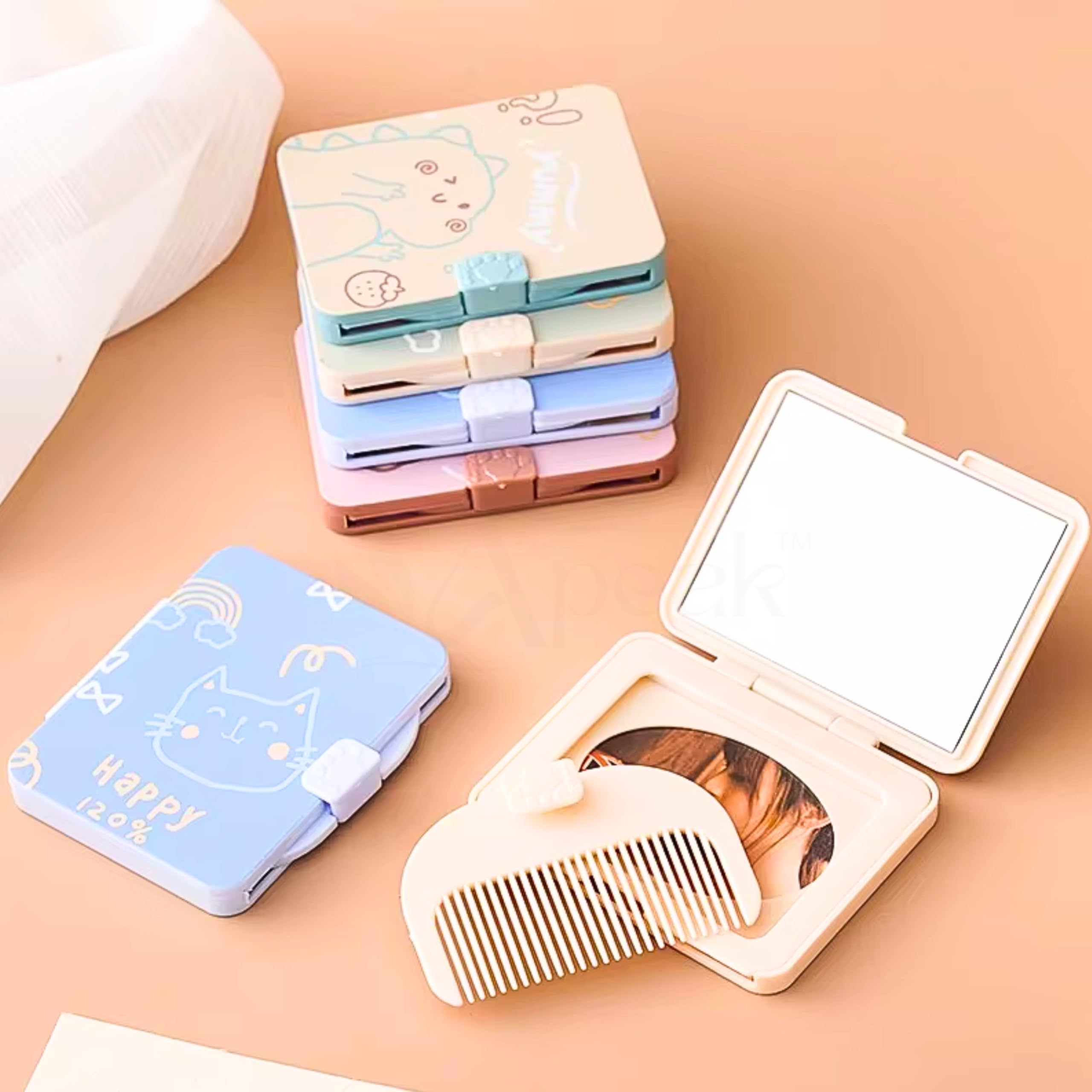Apeak Compact Folding Makeup Mirror with Comb for Women, Portable Pocket Vanity Mirror, Vintage Round Mini Travel Mirror for Purse, Lightweight Cosmetic Hand Mirror for Girls (Multicolor, Pack of 1)-picture-12