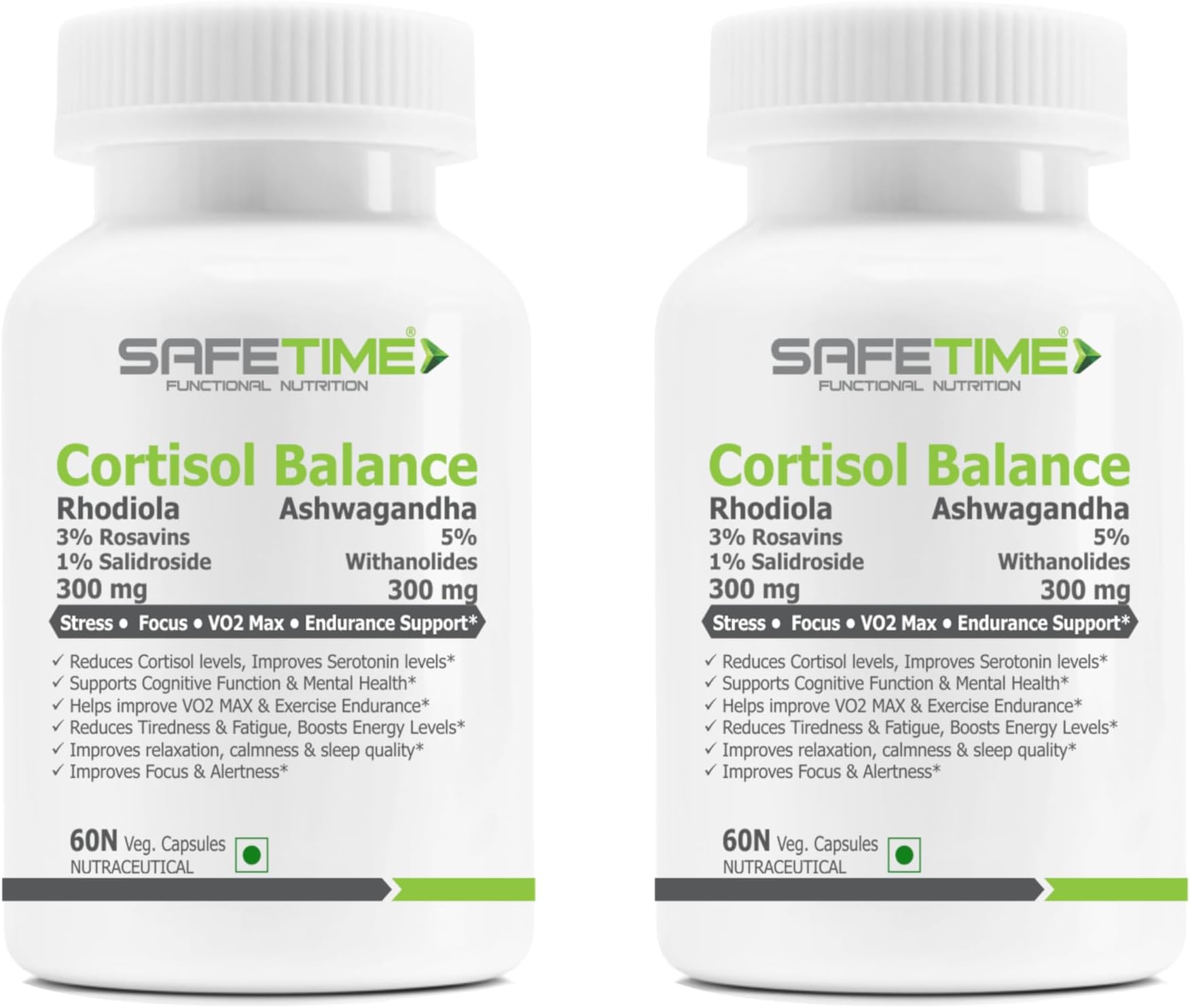 CORTISOL BALANCE Bioactive Rhodiola & Ashwagandha Stress, Focus, Energy VO2 Max (60 Veg Capsules) (Pack of 2)