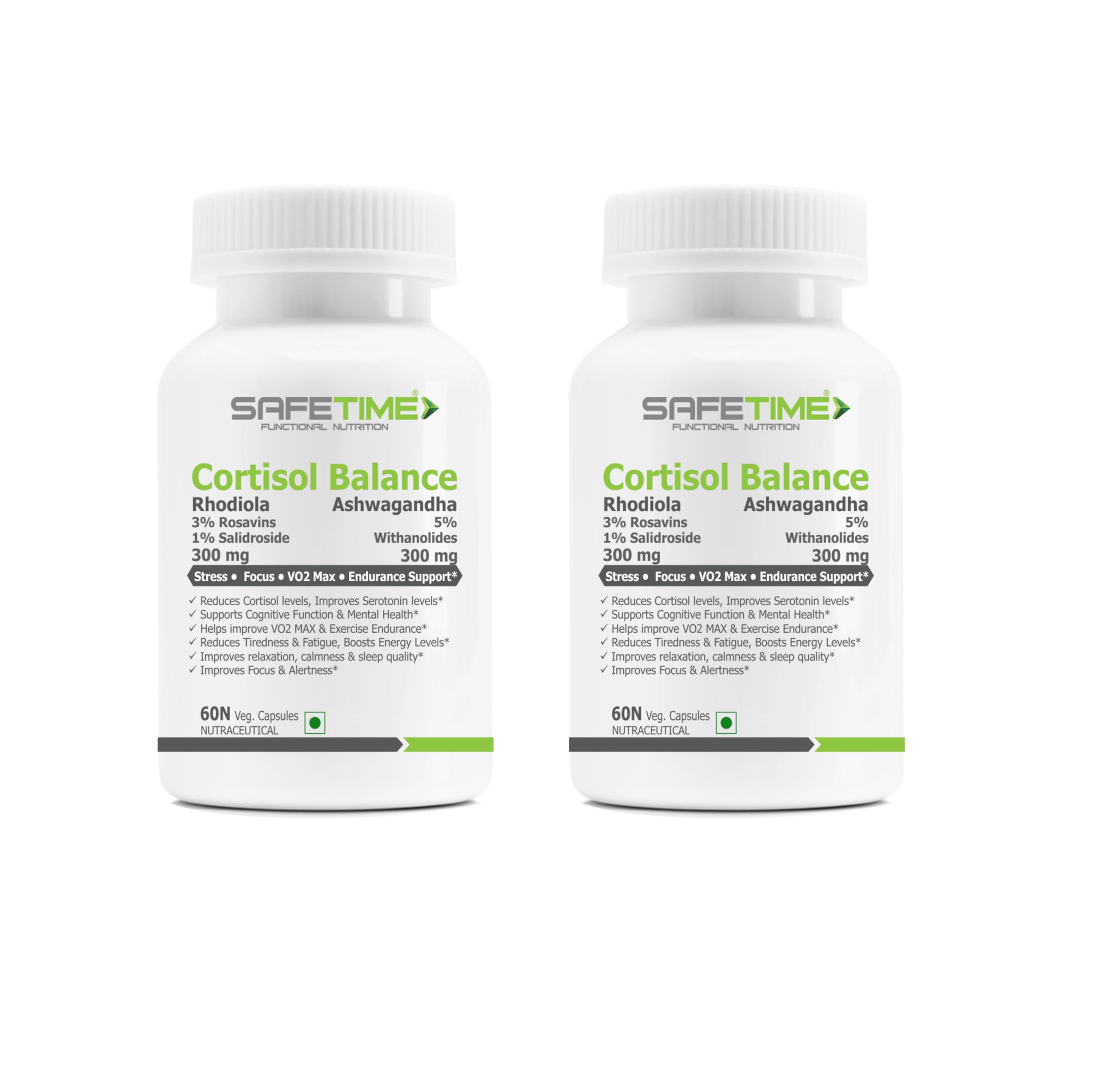 CORTISOL BALANCE Bioactive Rhodiola & Ashwagandha Stress, Focus, Energy VO2 Max (60 Veg Capsules) (Pack of 2)
