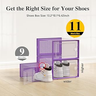 Kuject X-Large Shoe Storage Boxes Organizers for Closet 12 Pack, Fit Size 11,Clear Plastic Stackable Sneaker Containers for Entryway, Space Saving Shoe Rack Holder (Purple, 12 Packs)