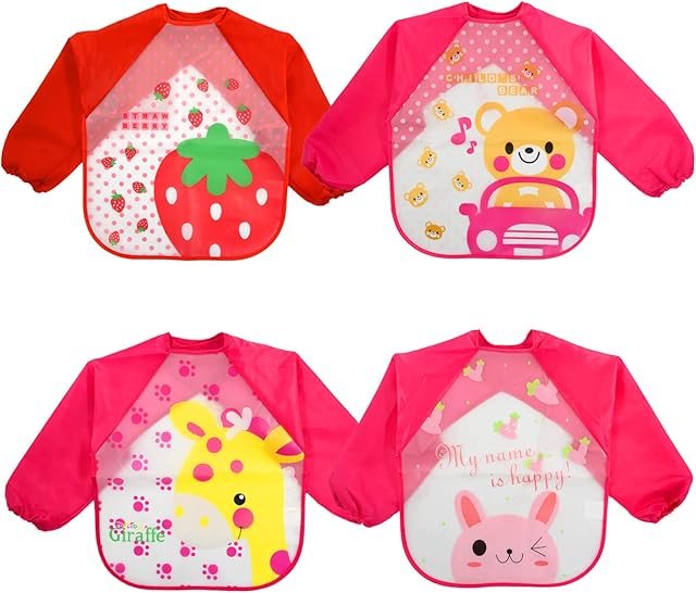 JinBei Bibs With Sleeves Baby 4Pcs Waterproof Long Sleeves Weaning Feeding Bib Apron Toddler Infant Plastic Eating Food Unisex EVA Nursling Playing Painting Large Bibs Smock ,6 Months to 3 Years
