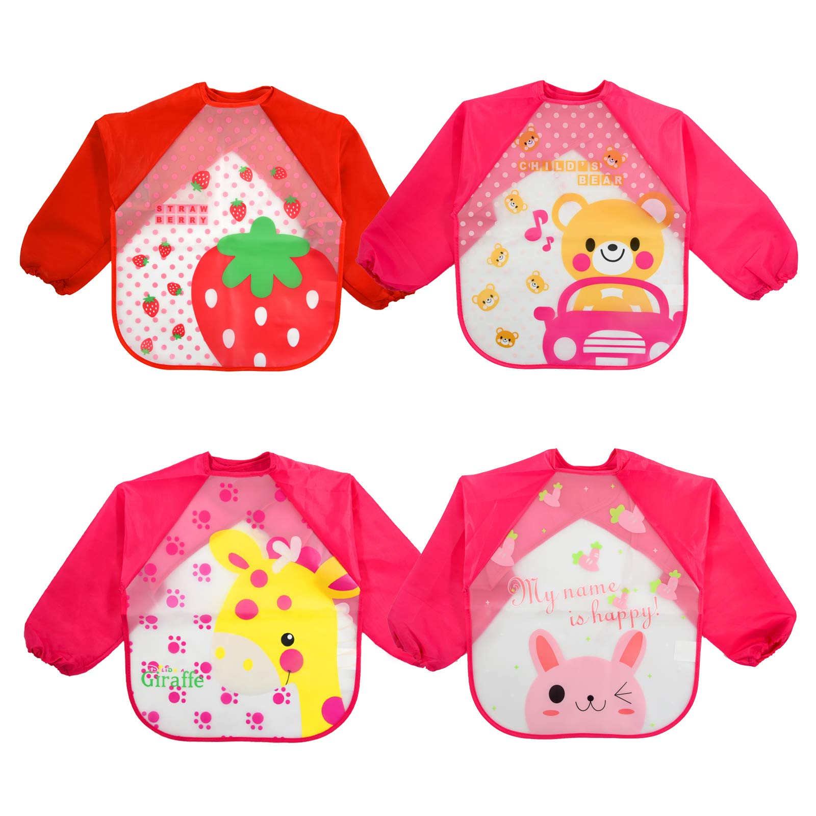 Jinbei Women's Bear-Giraffe-Strawberry-Bunny Bibs With Sleeves 4 Pcs Baby Waterproof Long Sleeves Weaning Bib Apron Infant Toddler Feeding Eating Washable Large Kids Girls Eva Painting Playing Bibs Babies 6 Months To 3 Years