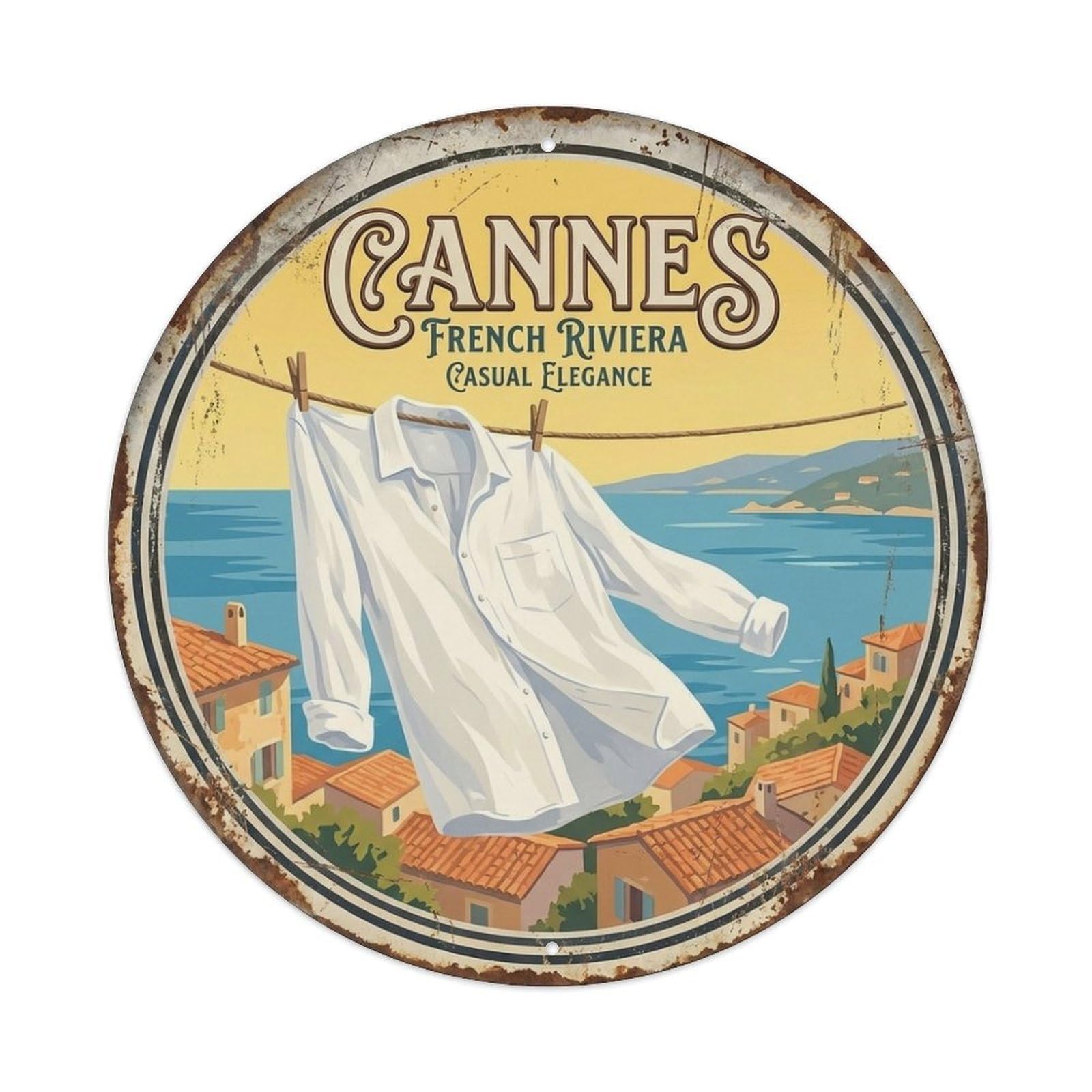 Retro Cannes Linen Shirt French Riviera Culture Travel Metal Tin Sign