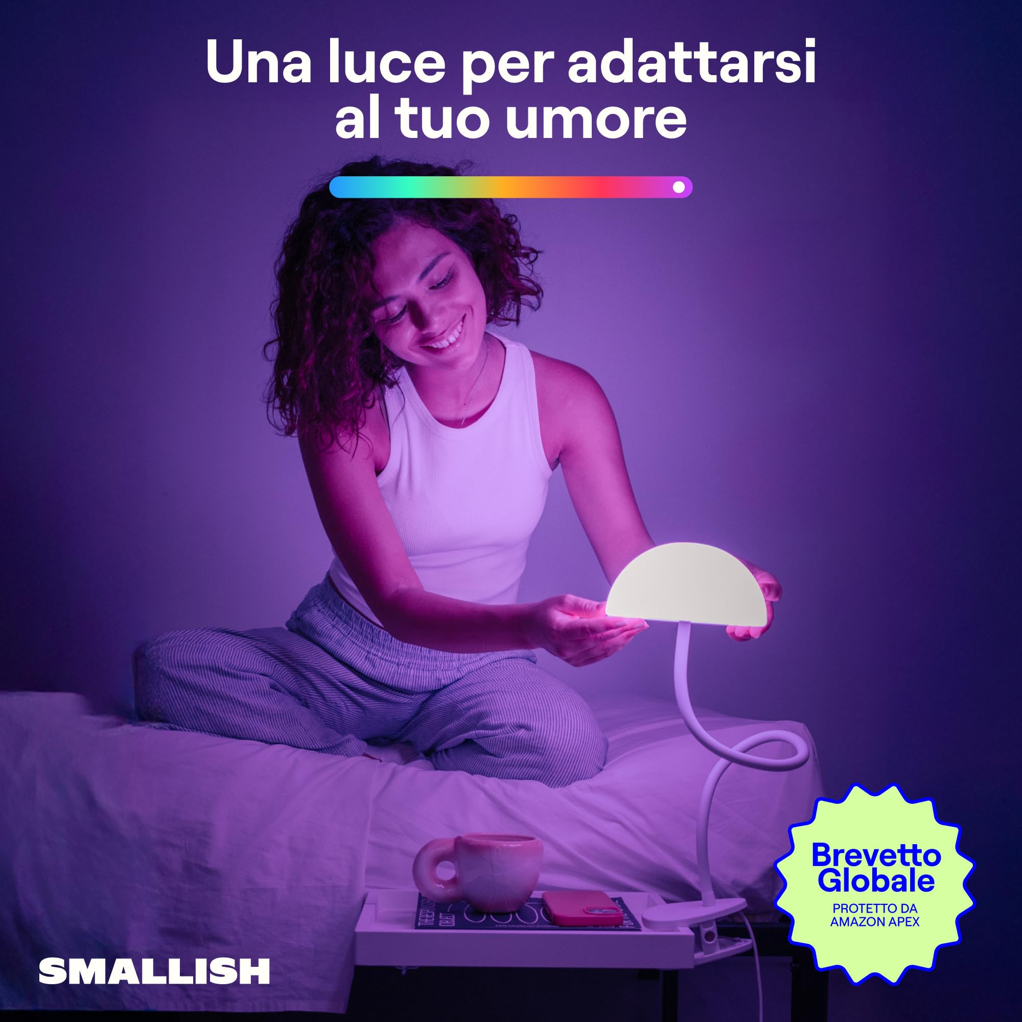 Piccola lampada da comodino regolabile Shroommate con clip, lampada da lettura per cameretta dei bambini, scrivania, testiera, LED multicolore intercambiabile con adattatore (bianco)