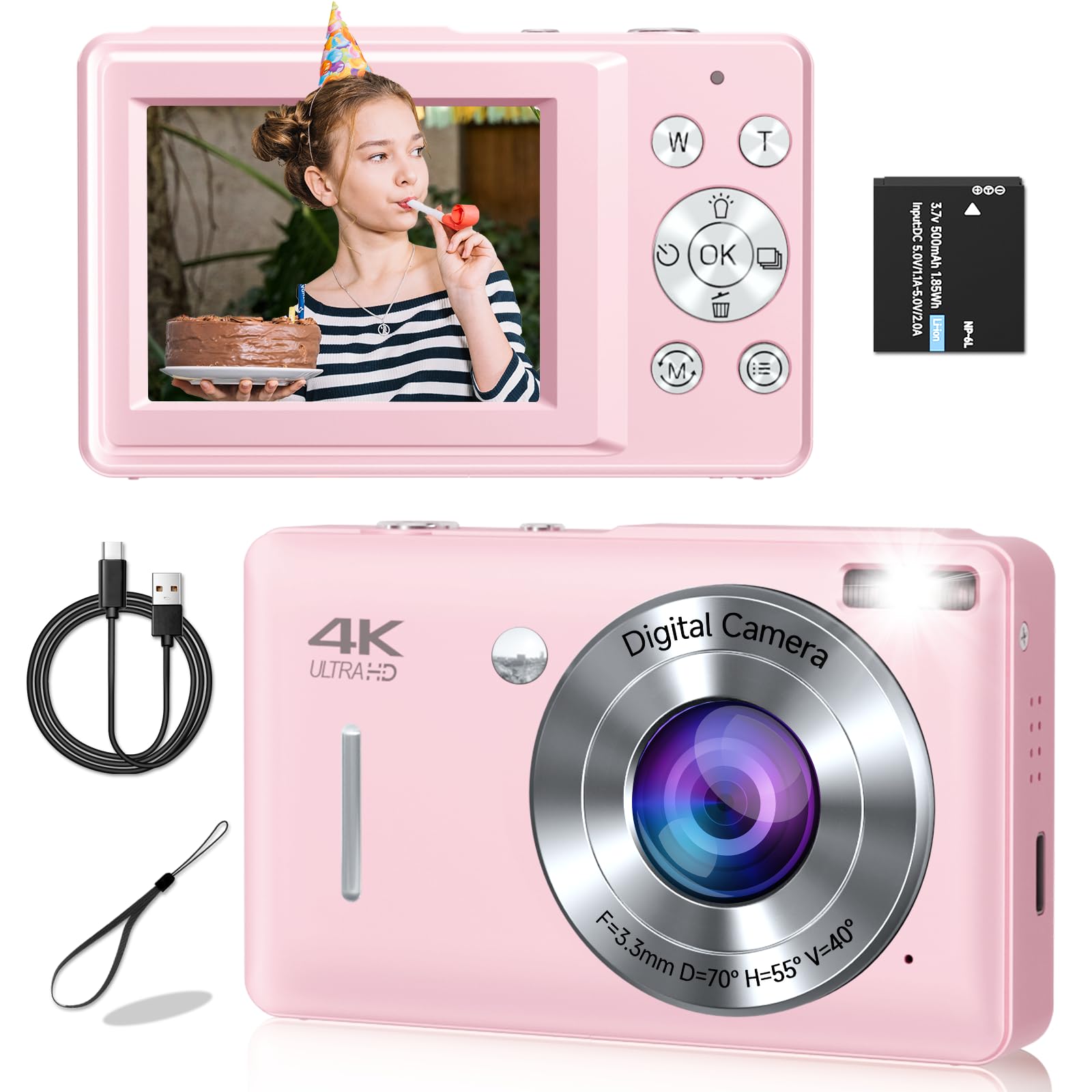 Digital Camera, Camera for Kids, FHD 1080P Point and Shoot Digital Cameras with 16X Zoom, Face Detect, Smile Capture, Anti Shake, for Boys Girls Teens Gifts (Pink)