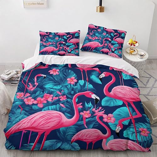 Funda de edredón de flamenco tamaño King de gran tamaño, juego de ropa de cama Monstera de 3 piezas, funda de edredón con patrón de microfibra suave