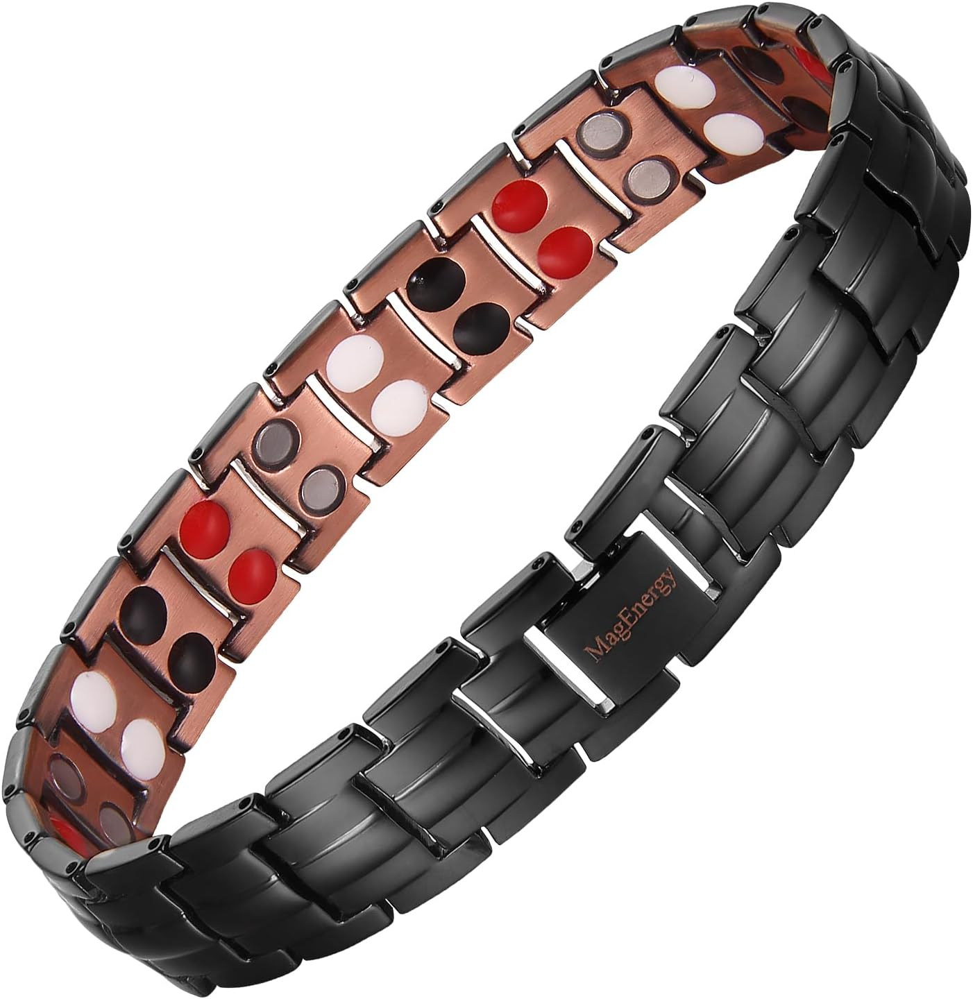 MagEnergy Mens Copper Magnetic Bracelets, 99.9% Pure Copper Bracelet with 4 Elements, Double-Row Strength Magnets, Adjustable Jewelry with Sizing Tool