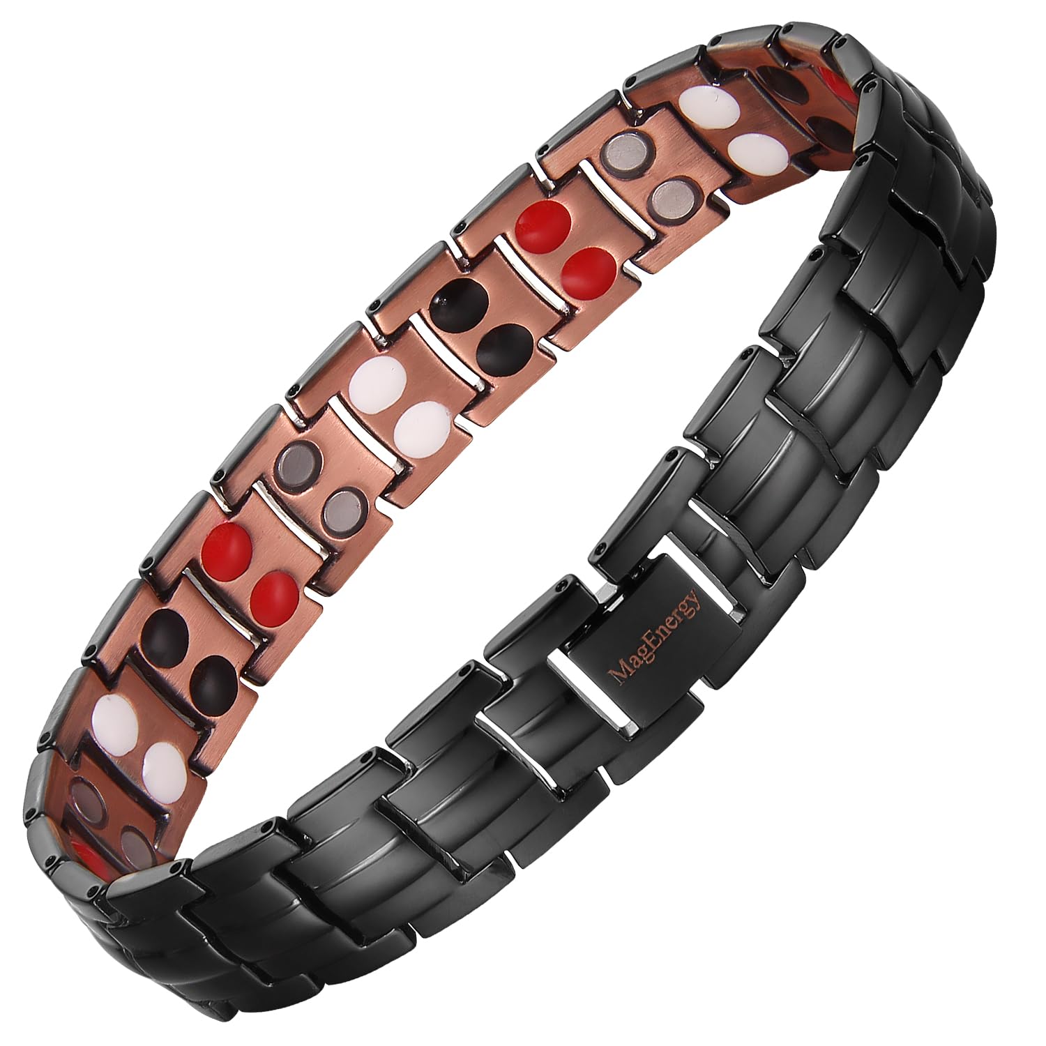 MagEnergy Mens Copper Magnetic Bracelets, 99.9% Pure Copper Bracelet with 4 Elements, Double-Row Strength Magnets, Adjustable Jewelry with Sizing Tool
