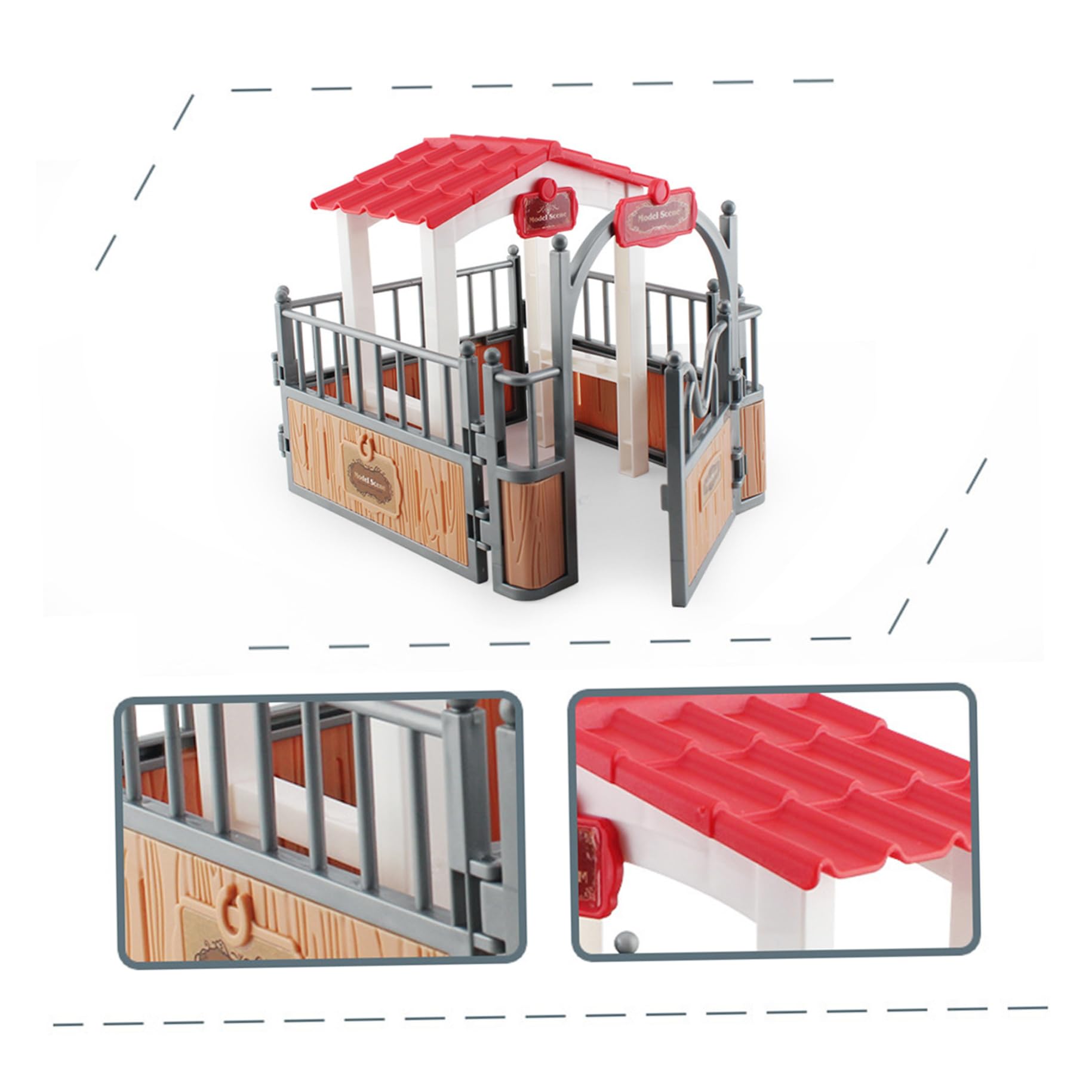 Juego de 2 establos para caballos, modelo de cenador y valla de plástico, juguetes de caballos imaginativos y creativos, accesorios educativos para juegos de granja, juguetes de animales de granj