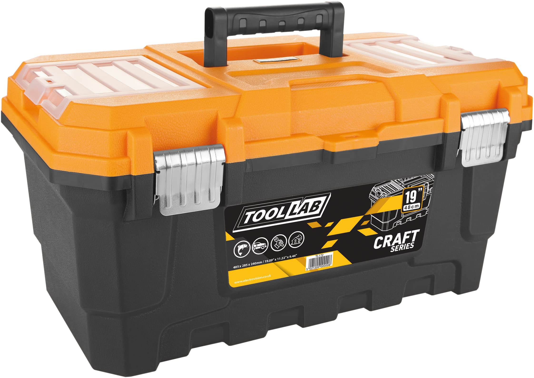 Pro Master Series Tool Boxes with Tough Metal Catches. Removable Tote Tray and 2 Storage Compartments with Lid. (19 Inch)