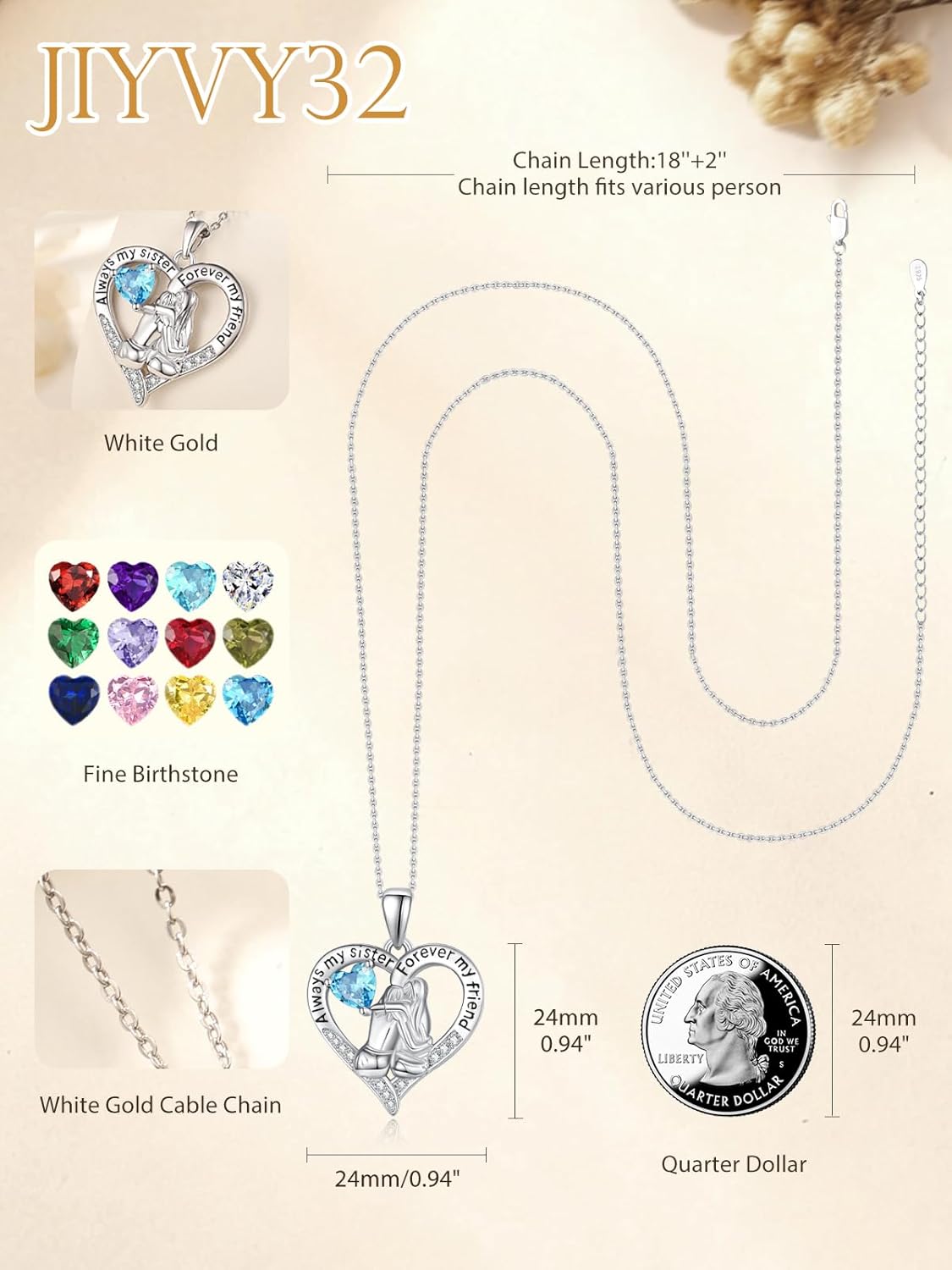Sisters White Gold Necklaces for Women, Birthstone Pendant Jewelry Birthday Gift for Women Her Sister Bestie Close Friend BFF