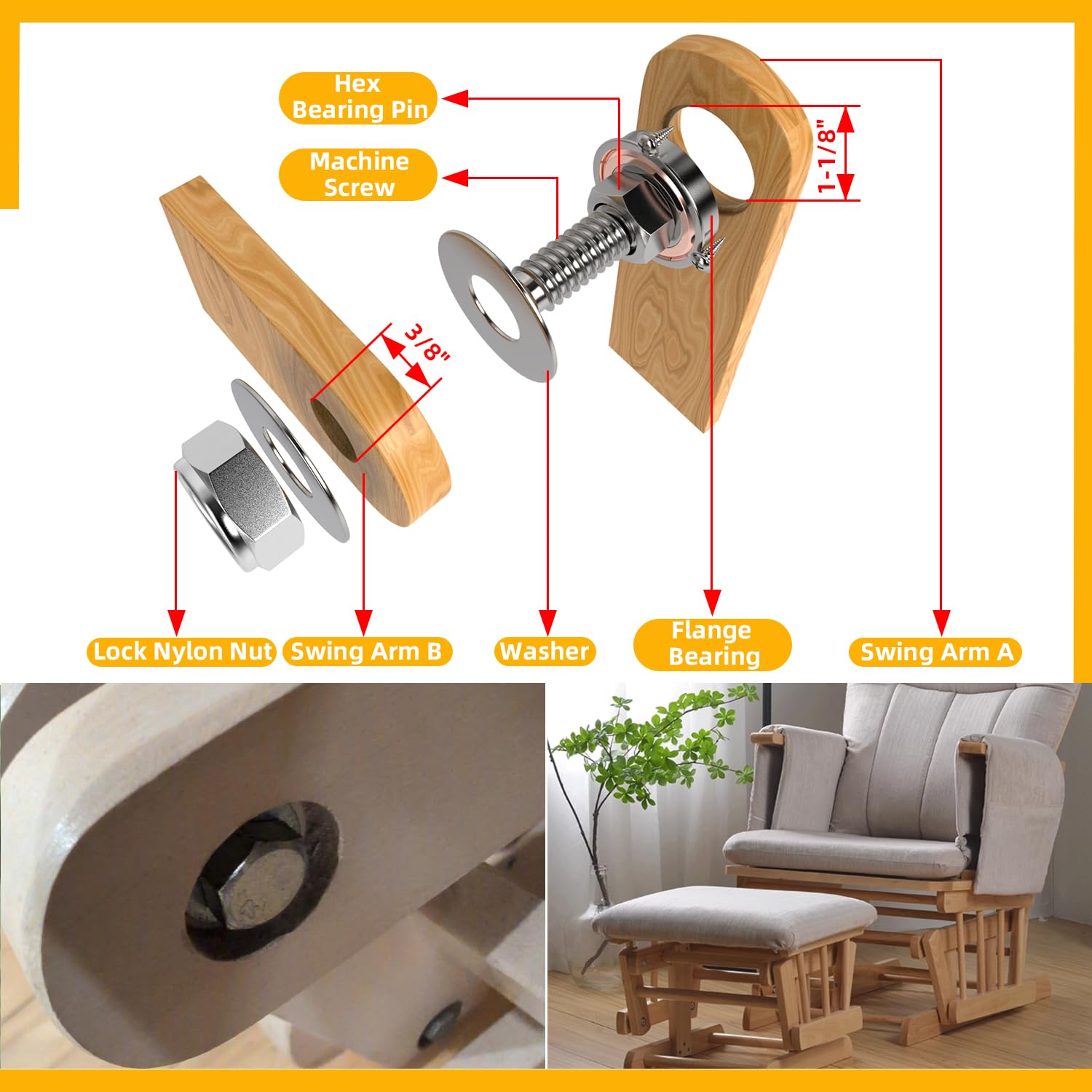 2 Sets, 304 Stainless Steel Integrated Shaft, Valve Stem Rocker Arm Bearing Assembly 3/8 "X 1", Bearing Outer Dia 7/8 ", with Installation Hardware Anti Loosening Nut Screw Bearing