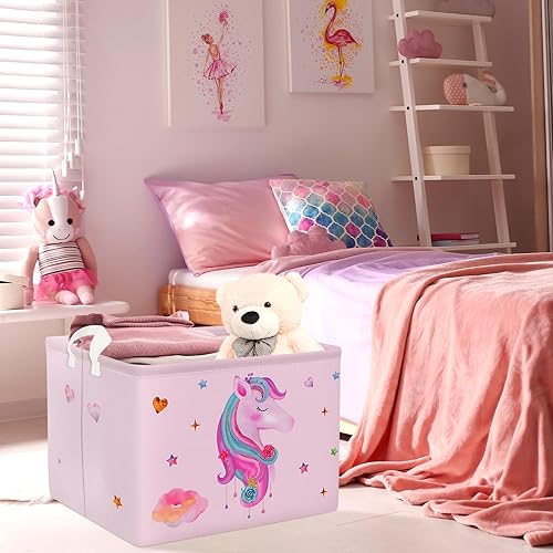 Miniatura 3 de Clastyle Adorable cesta rectangular con diseño de unicornio rosa, estrella de nube, corazón, ropa, libros, cubo de almacenamiento de juguetes, 36L