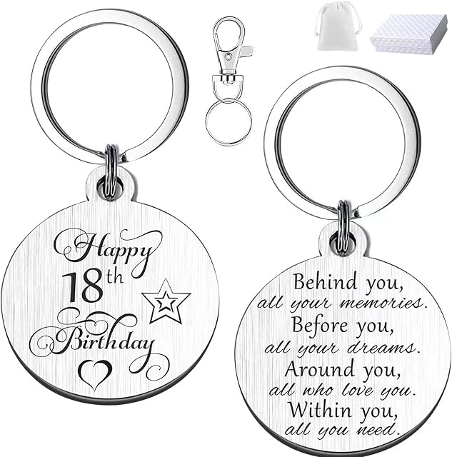 MIOSJI 18th Birthday Gifts for Girls Boys Double Sides Engraved Keyring Keychain (with Gift Box Velvet Bag) 18 Years Old Birthday Keepsake Presents