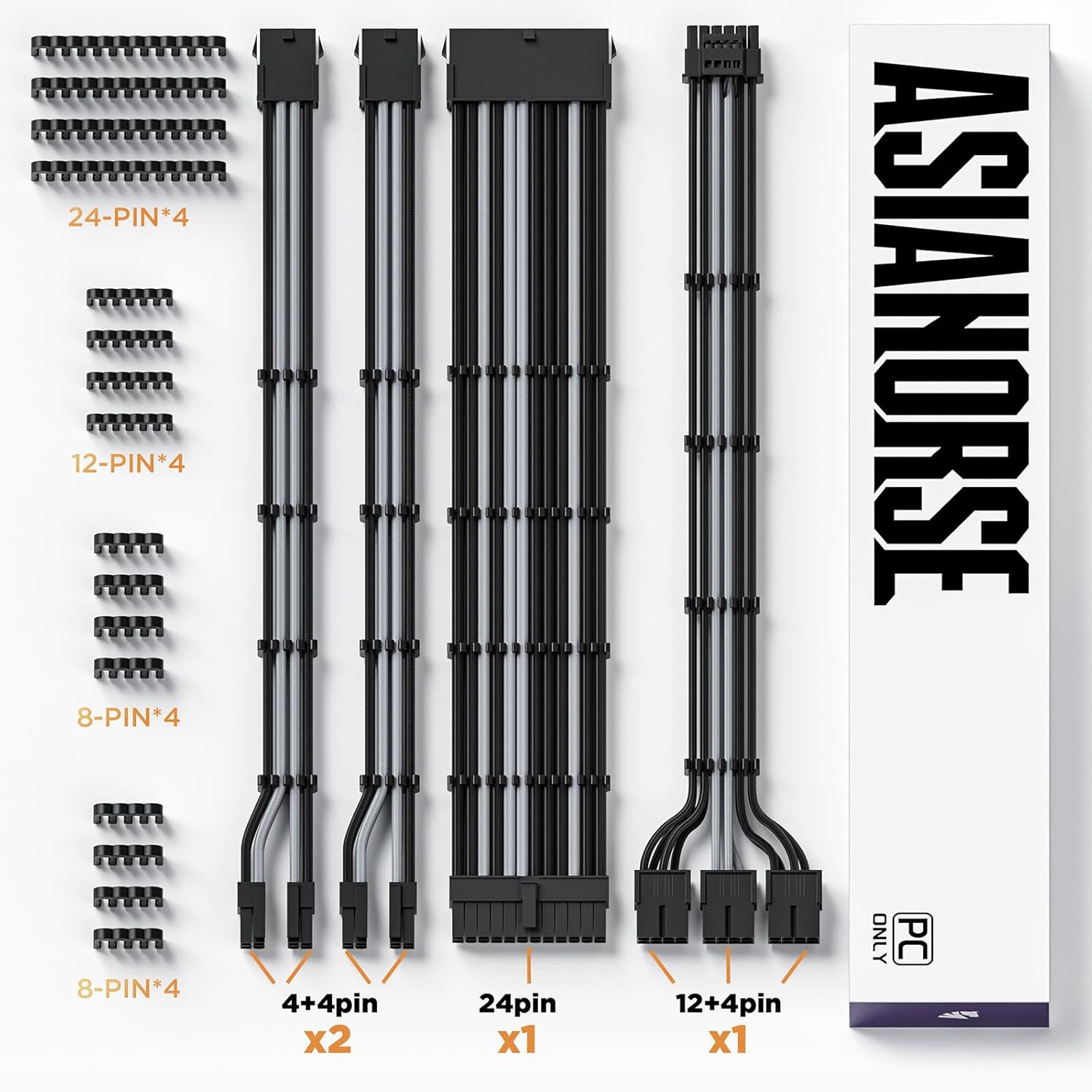 AsiaHorse 12VHPWR Cable Extension Kit, 16AWG Pcie 5.0 PSU Cable Extension Kit Soft Braided Power Supply Cable Extension, 24pin ATX /4+4pin EPS /12+4pin 30CM Length with Cable Combs