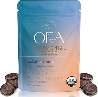ORA Ceremonial Cacao - Mystical Mushroom - Organic 100% Cacao with Lion's Mane, Reishi, Chaga - Ethical - High Flavanol - Unsweetened - Heavy Metals Tested - 16oz