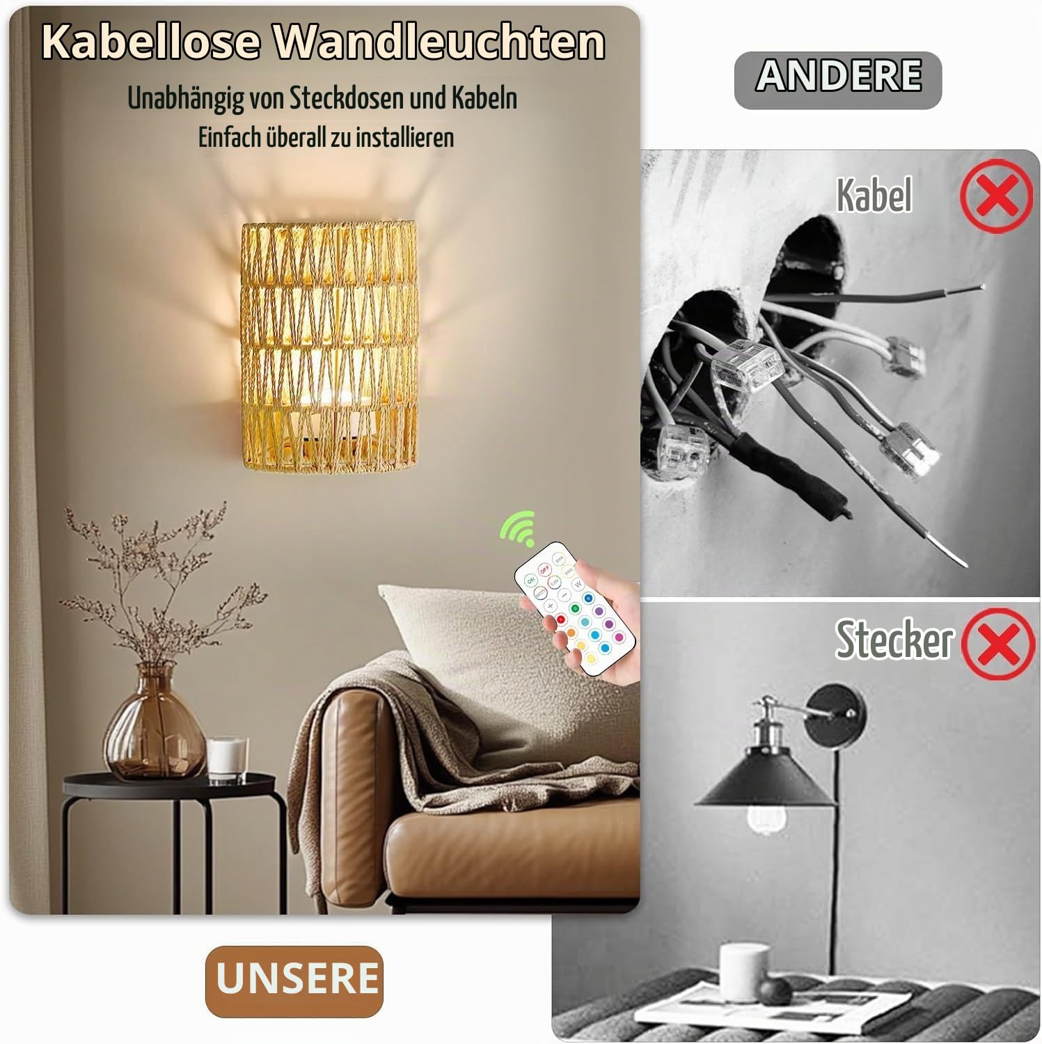 2 Stück Boho Rattan Wandlampe Innen Akku Wandleuchte Ohne Stromanschluss RGB Dimmbare Wandleuchten mit Fernbedienung Retro Nachttischlampe für Schlafzimmer Wohnzimmer Flur