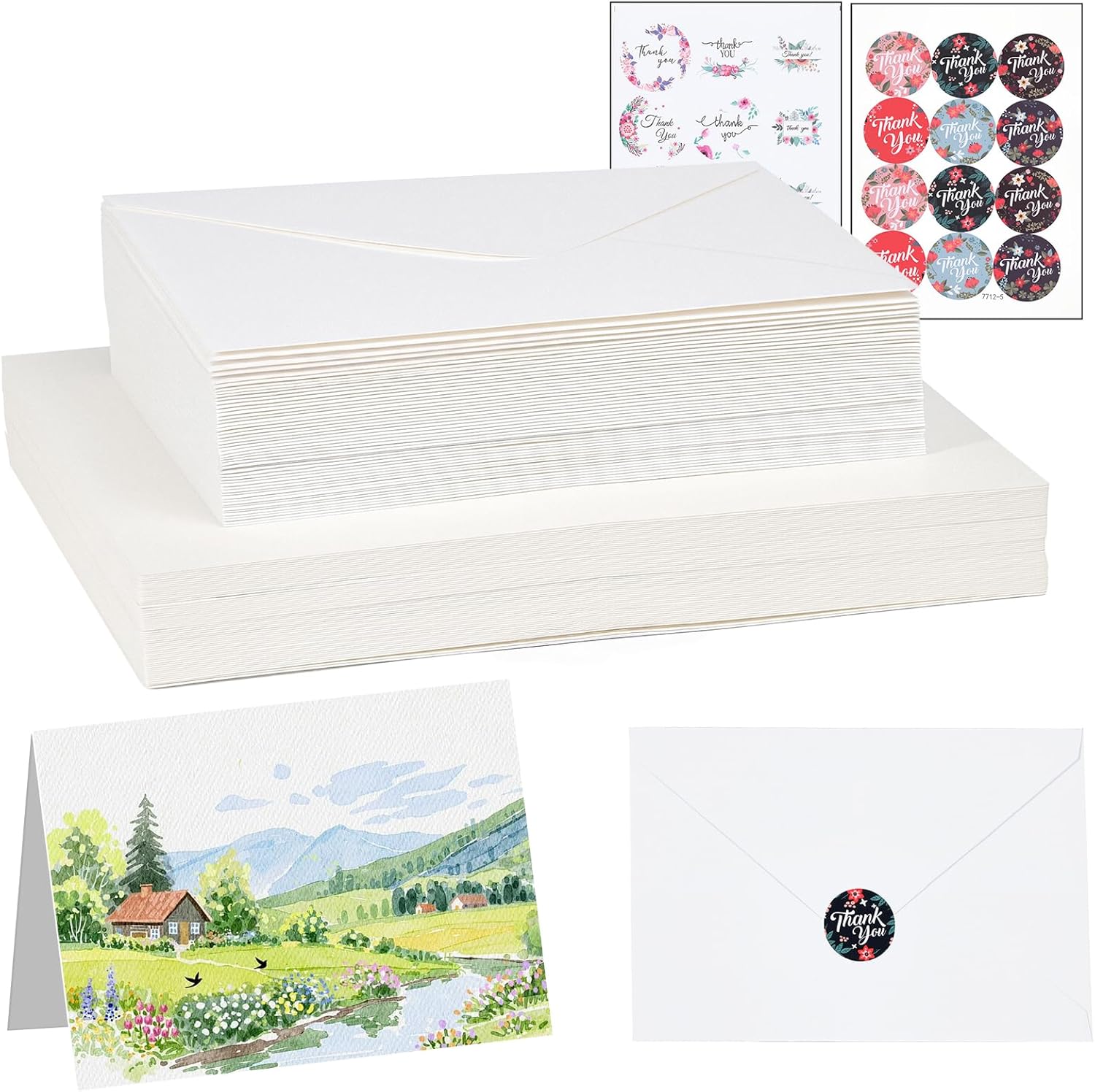 Anmboor 50 Sets 4"X6" Foldable Watercolor Cards with Envelopes and Sealing Stickers, 140lb/300gsm 100% Cotton and Acid-Free Blank Watercolor Cards to Painting for Greeting Cards, Thanks Cards, Etc.