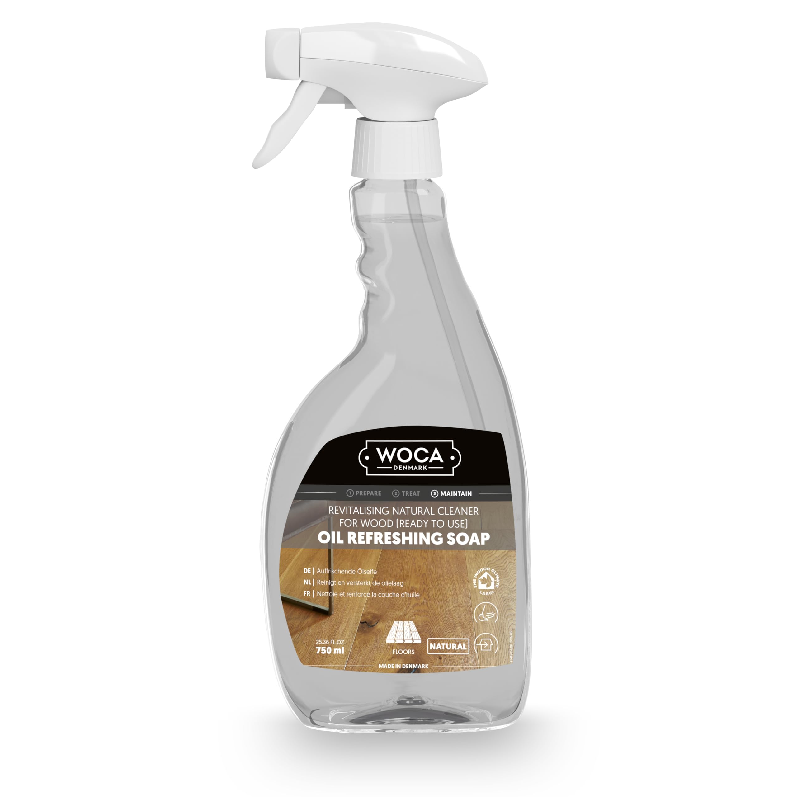 WOCA Oil Refreshing Soap Spray Natural, Ready to Use Wooden Floor Cleaner for Oiled and Hardwax Oiled Surfaces, Floors and Furniture, Light Re-Oiling Effect, 750 ml