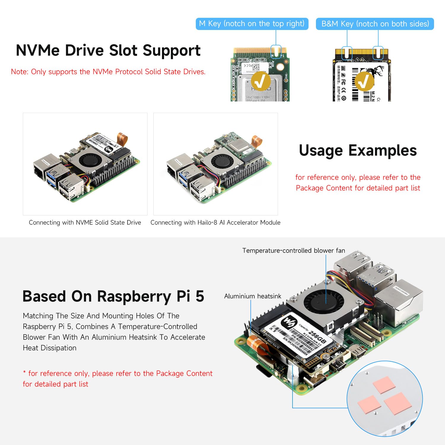 Waveshare PCIe to M.2 Adapter Board (E) For Raspberry Pi 5, With Cooling Fan, Compatible With 2242/2230 NVMe Protocol M.2 Solid State Drive, 8Gbps Data Rate, High-Speed Reading/Writing, Pi 5 NVMe