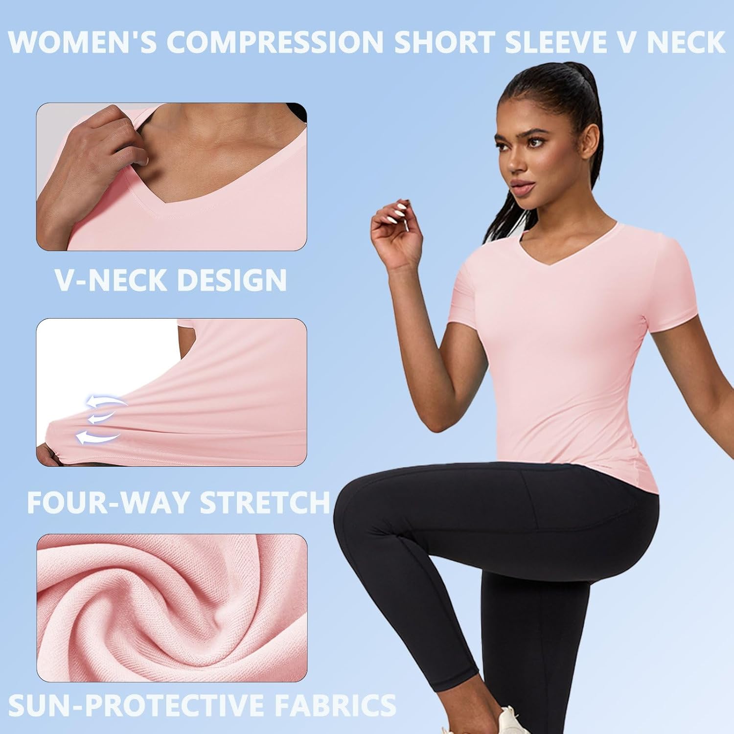 Women's Compression Short Sleeve V Neck Sun Protection Shirt Workout Basic Yoga Gym Tops Moisture Wicking T-Shirts - Image 4