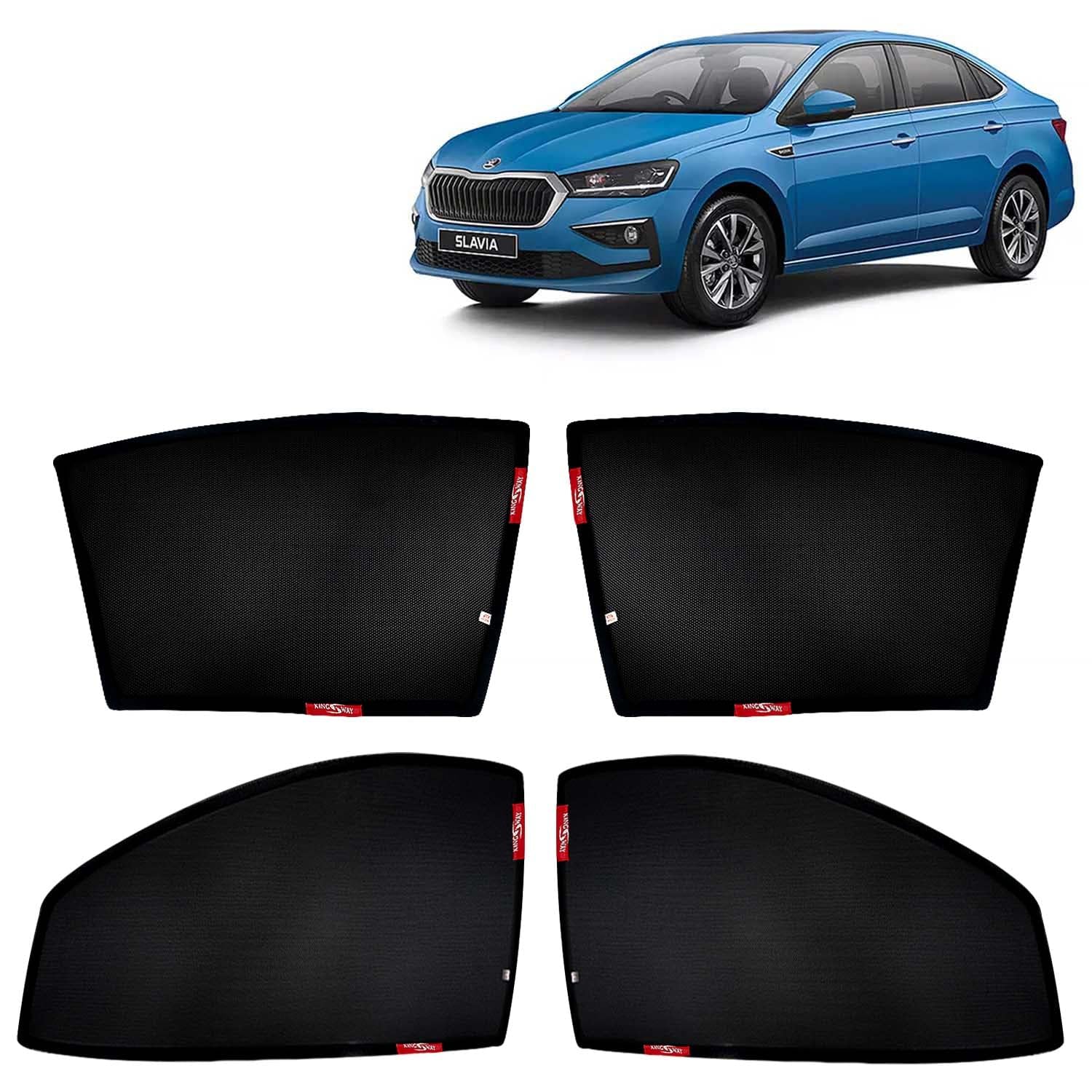 KINGSWAY Accessories Car Sun Shade Z-Black Non Magnetic Fix Type Curtains Only Compatible with Skoda Slavia Year 2022 Onwards All Model, Only Half Cut in Front Window, Car Curtains, Pack of 4 Pcs