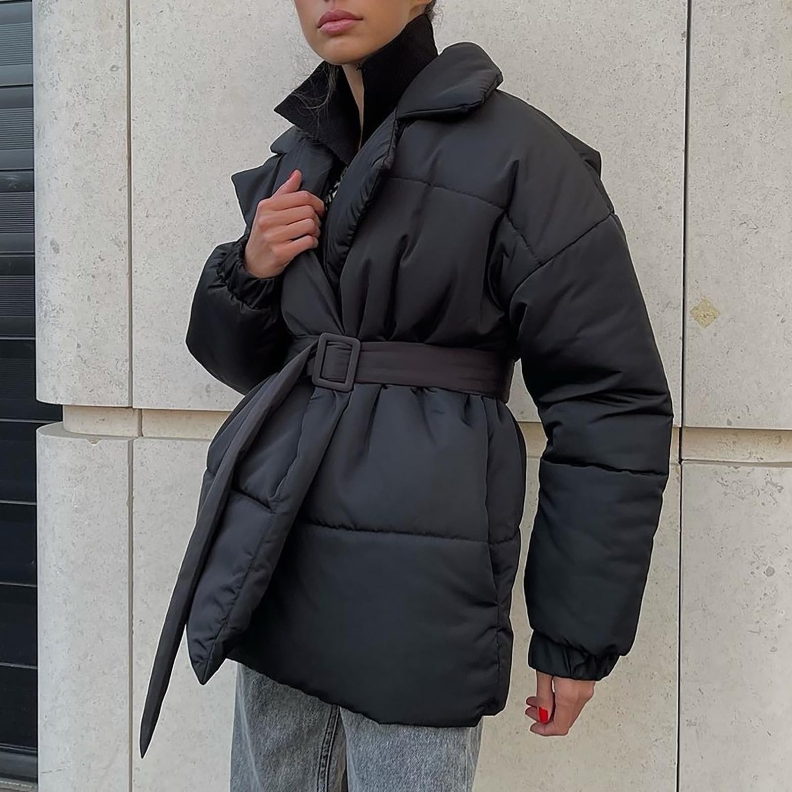 Piumino nero da donna lunghezza in vita | Cappotti leggeri da donna Uk Piumini invernali da donna alla moda a maniche lunghe aperto davanti piumini casual leggeri termici con cintura