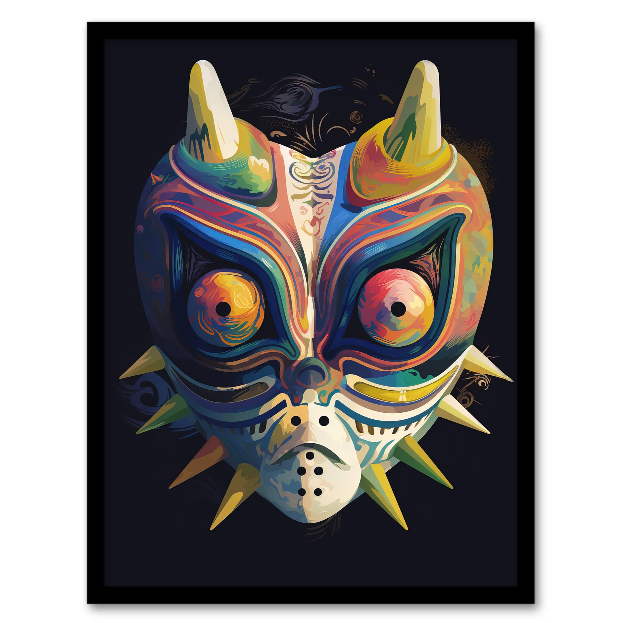 Artery8 Noh Theatre Mask Painting Supernatural Japanese Creature Portrayal Colourful Intricate Details Floral Designs Forest Deity Role Artwork Framed Wall Art Print A4
