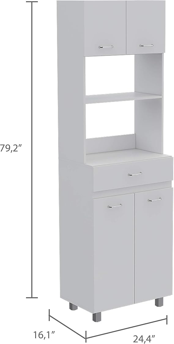 FM FURNITURE Auburn Microwave Pantry Cabinet with 2 Cabinets, 2 Open Shelves, and Drawer, White