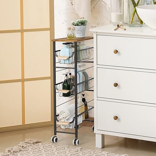 Miniatura 7 de SHINOSKE Carrito de almacenamiento delgado, carrito rodante estrecho de 4 niveles, con cesta de hierro extraíble, armario de almacenamiento delgado