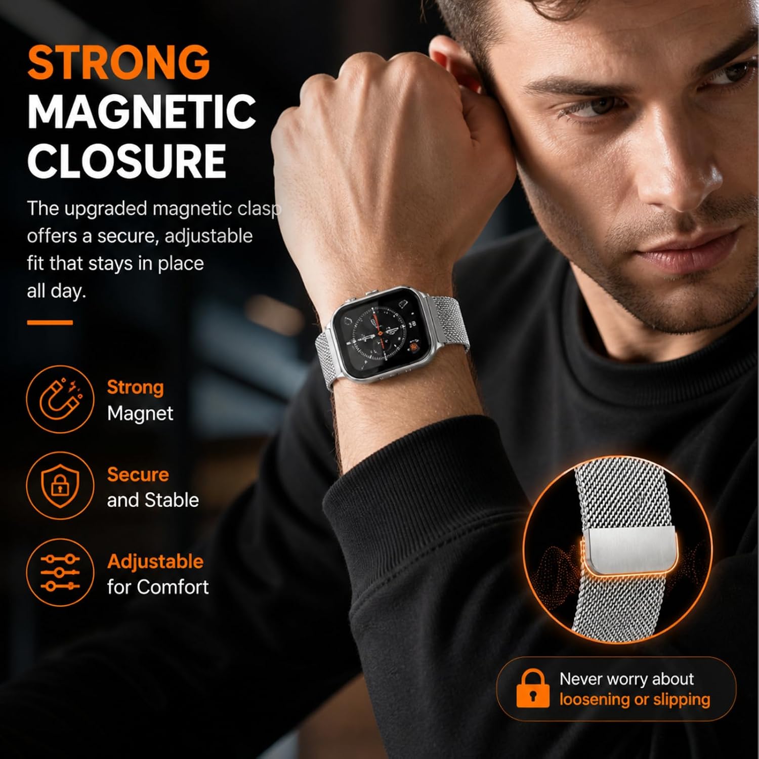 Stainless Steel Bracelet for Watch Fit 3 Magnetic Clasp Silver 220 mm Metal Replacement Suitable for Smartwatch Men Women image 3