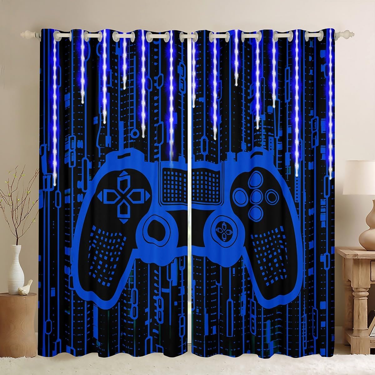 Feelyou Kids Boys Blue Gamer Darkening Drapes Gamer 30%-50% Blackout Curtains Game Window Curtains Light 3D Gaming Window Treatments Gamer (2 Panels, 38 x 54 Inch)
