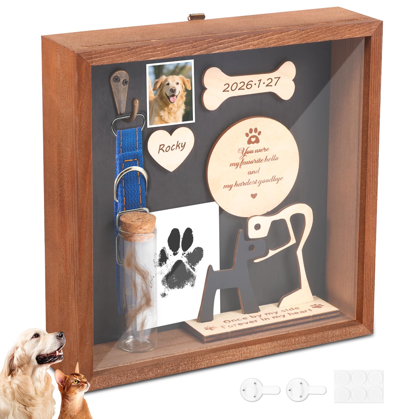 Pet Memorial Shadow Box, Pets Memorial Picture Frame with Pets Hair Fur Jar, Rustic Collar Holder and Sympathy Card, Dog and Cat Sympathy Gifts for Pet Lovers(Black)