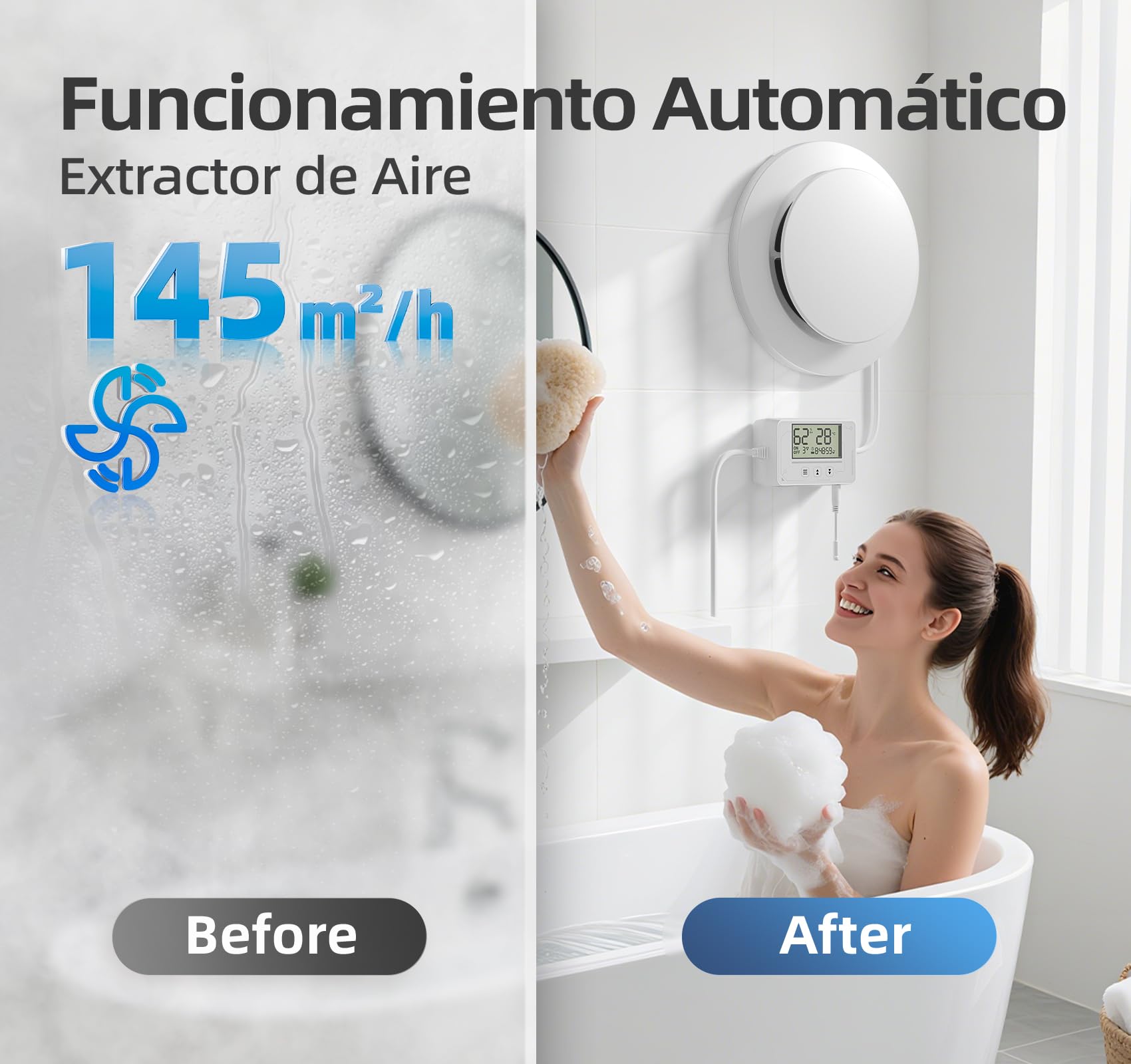 Extractor de Baño 100mm, 5 Modos, 3 Velocidades, Mando a Distancia, Pantalla en Tiempo Real de Temperatura y Humedad, Ventilador Extractor con Temporizador, Silencioso Potente para Cocina RU109
