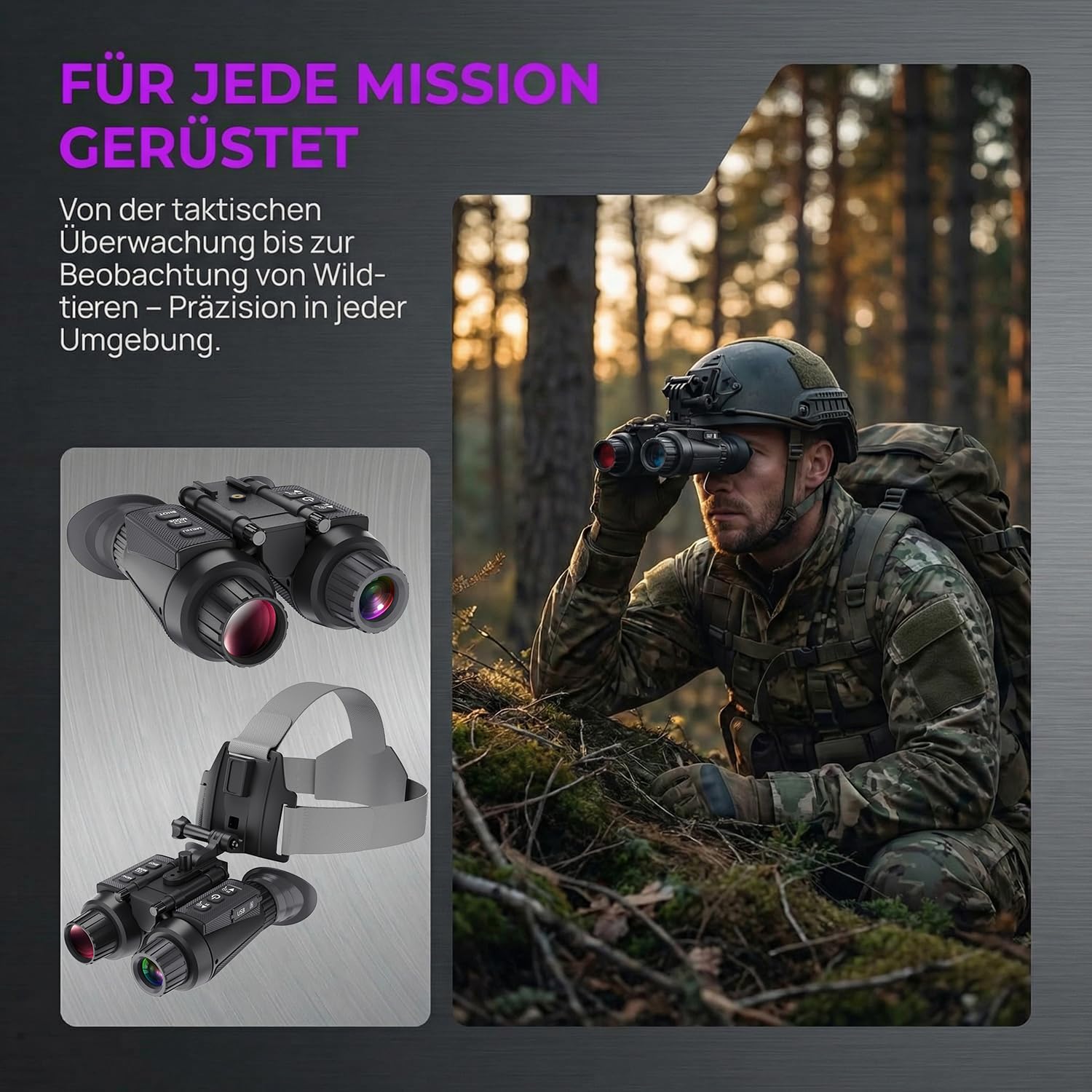 Nachtsichtgerät mit 3D-Vision-Effekt Infrarot Digital 8X Zoom Völlig Unabhängig Einstellbare Nachtsichtbrille Jagdfernglas für Erwachsene Nachtsicht und Tag Militär Freihändiges NGV für Helm