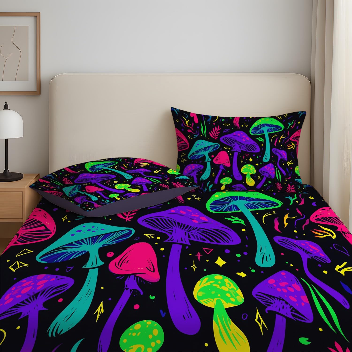 Magisch Wald Spannbetttuch 140 x 200 x 30 cm 3teilig 2 Kissenbezüge 80 x 80 cm Neon Leuchtend Pilz Botanisch Spannbettlaken Set für Kinder Jugendliche Erwachsene Mikrofaser Bettwäsche
