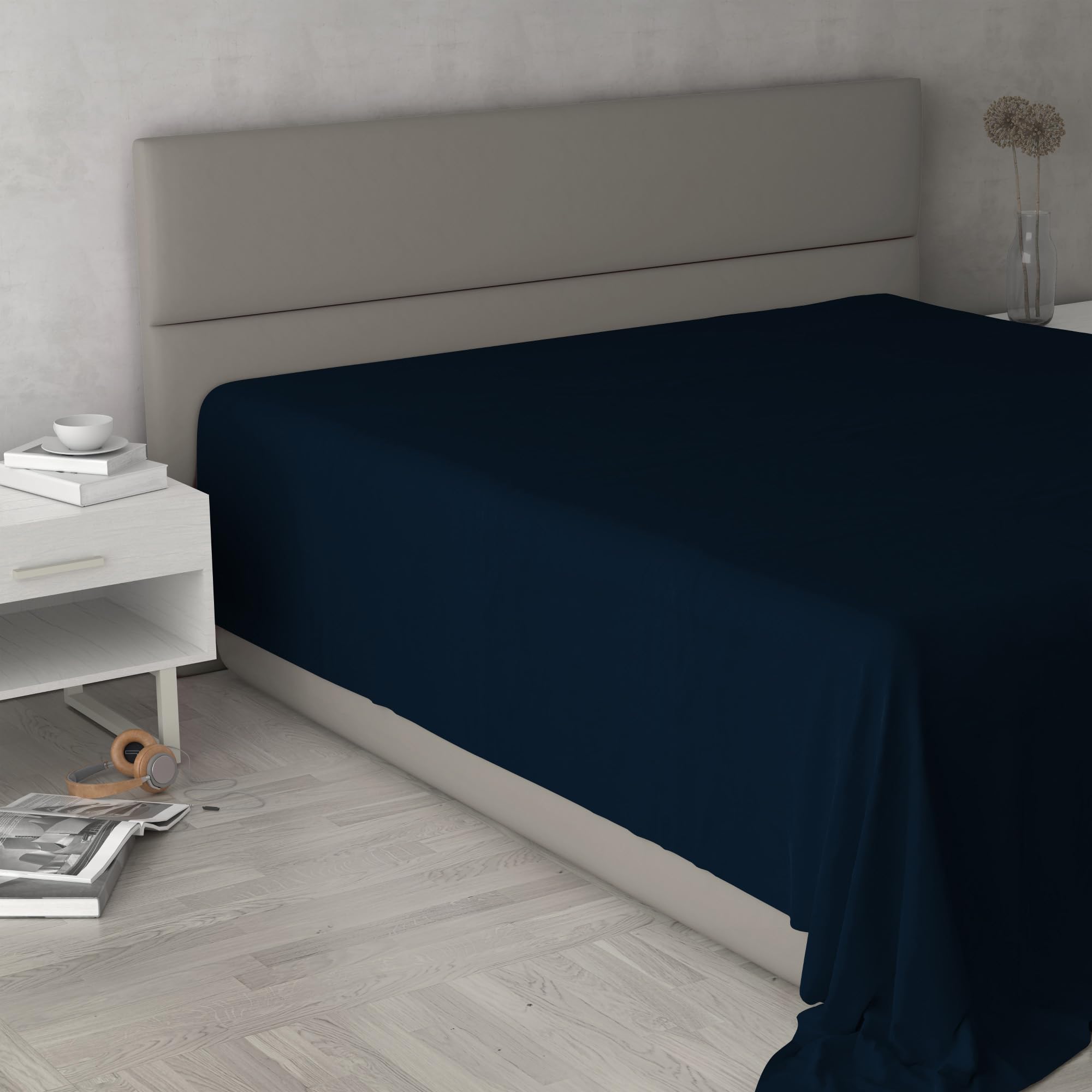 Drap housse double maxi bleu foncé en pur coton pour grand lit deux places