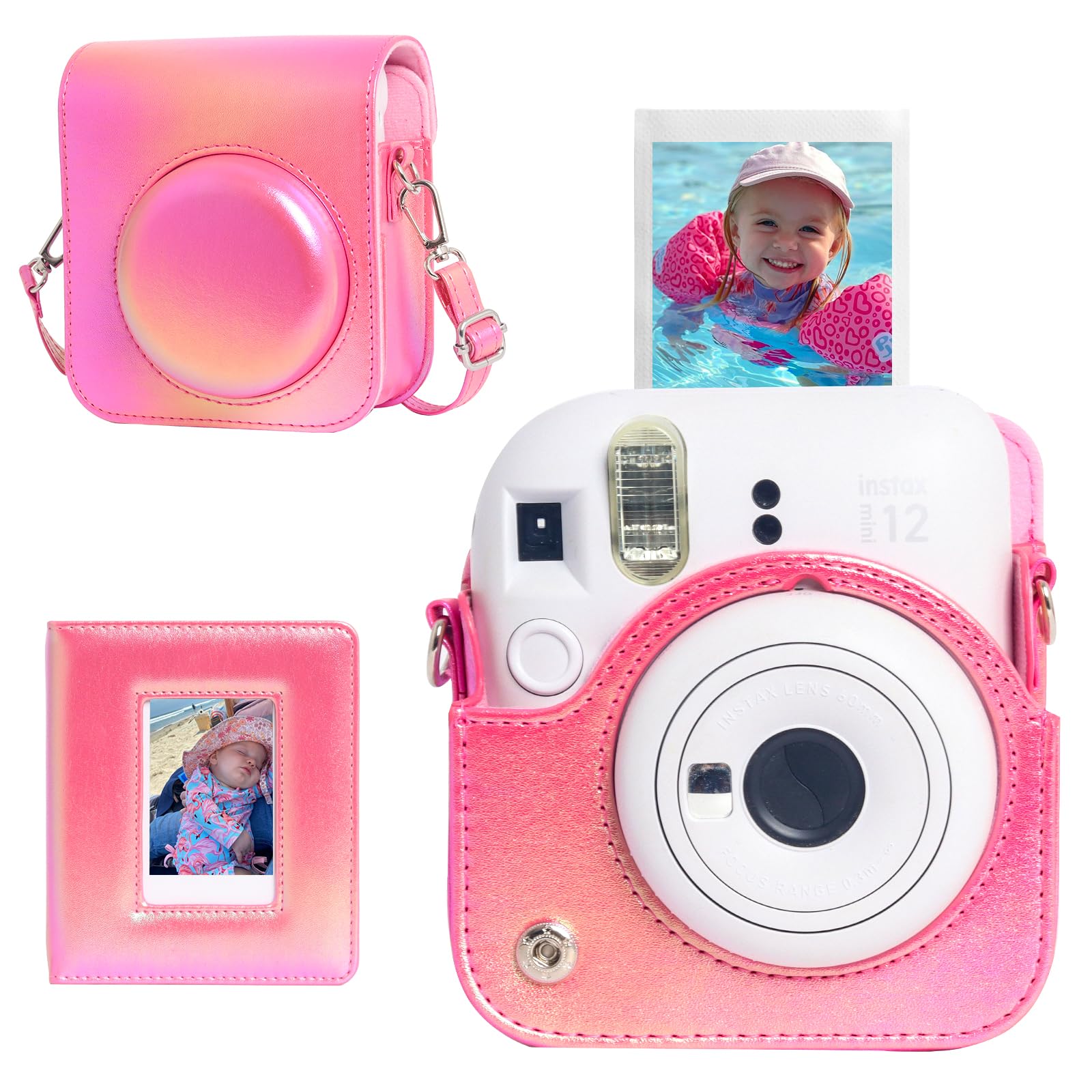 CAIYOULE Camera Case for Fujifilm Instax Mini 12 Instant Film Camera, Retro PU Leather Protective Camera Crossbody Bag for Fuji Mini 12 with Photo Album, Adjustable Shoulder Strap, Rose Red-No Camera