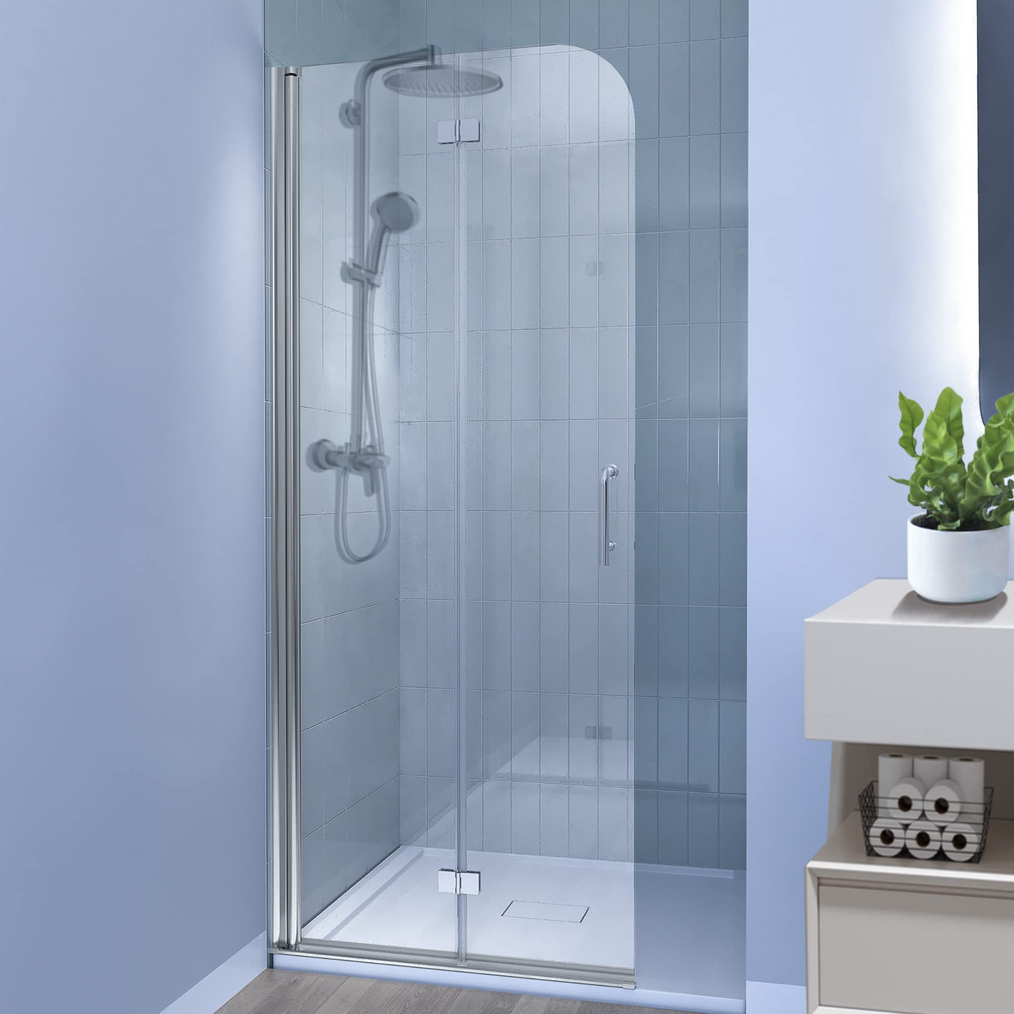 Chrome Bifold Glass Shower Door 30" W x 72" H - 1/4" Thick,Frameless Glass Shower Door Reversible Installation