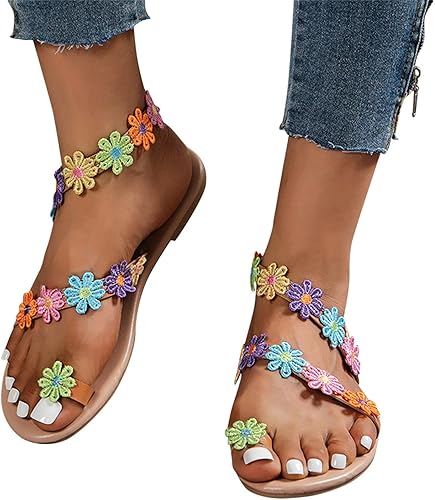 Hbeylia Flowers Flat Sandals for Women Ladies Fashion Casual Bohemia Elegant Gladiator Sandals Jewelry Toe Ring Dressy Sandals Slip On Sandals for
