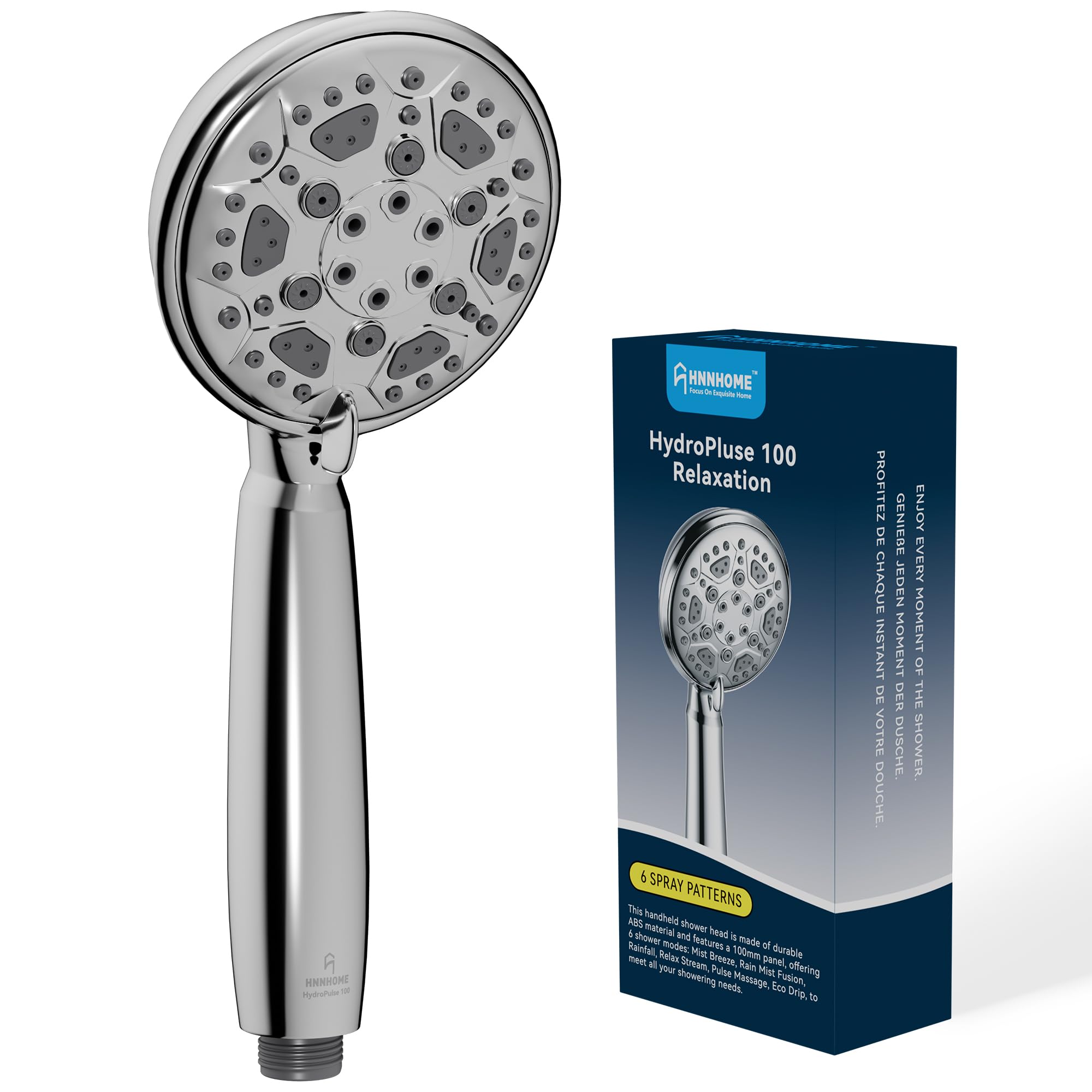 Hnnhome Hydropulse 100Mm Handheld High Pressure Shower Head, 6 Spray Mode Universal Power Showerhead Replacement (Chrome)
