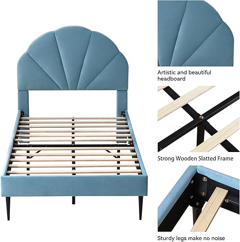 Miniatura 4 de VELOCAVA Marco de cama individual con cabecera de concha marina, marco de cama plataforma tapizado en terciopelo con soporte de listones de madera,