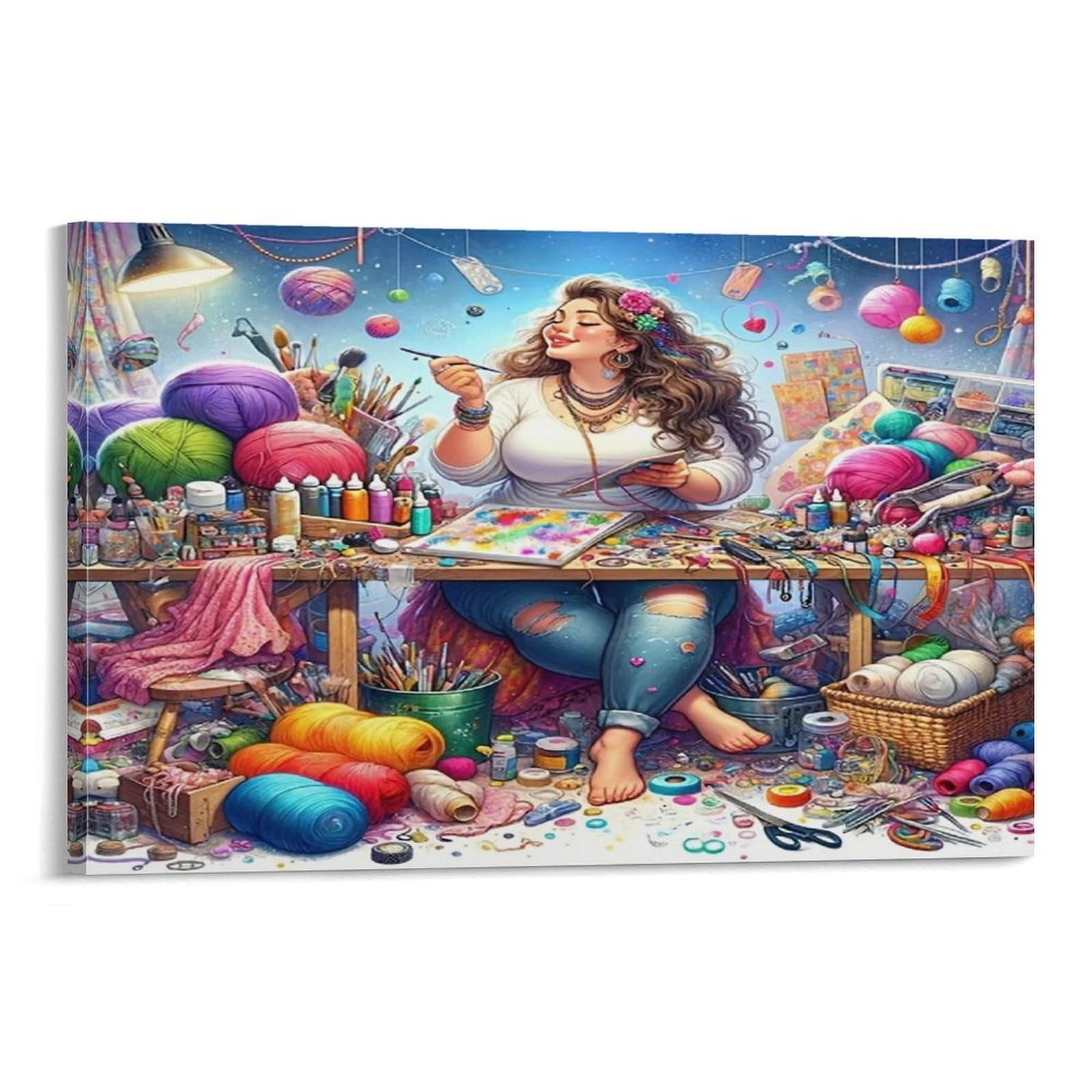 CPLVKWRQJ Creative Woman Artist Individual Artist Cluttered Workshop Canvas Wall Decor - Nursery Wall Hanging Space Saving Removable Ready to Hang 20x30inch(50x75cm)