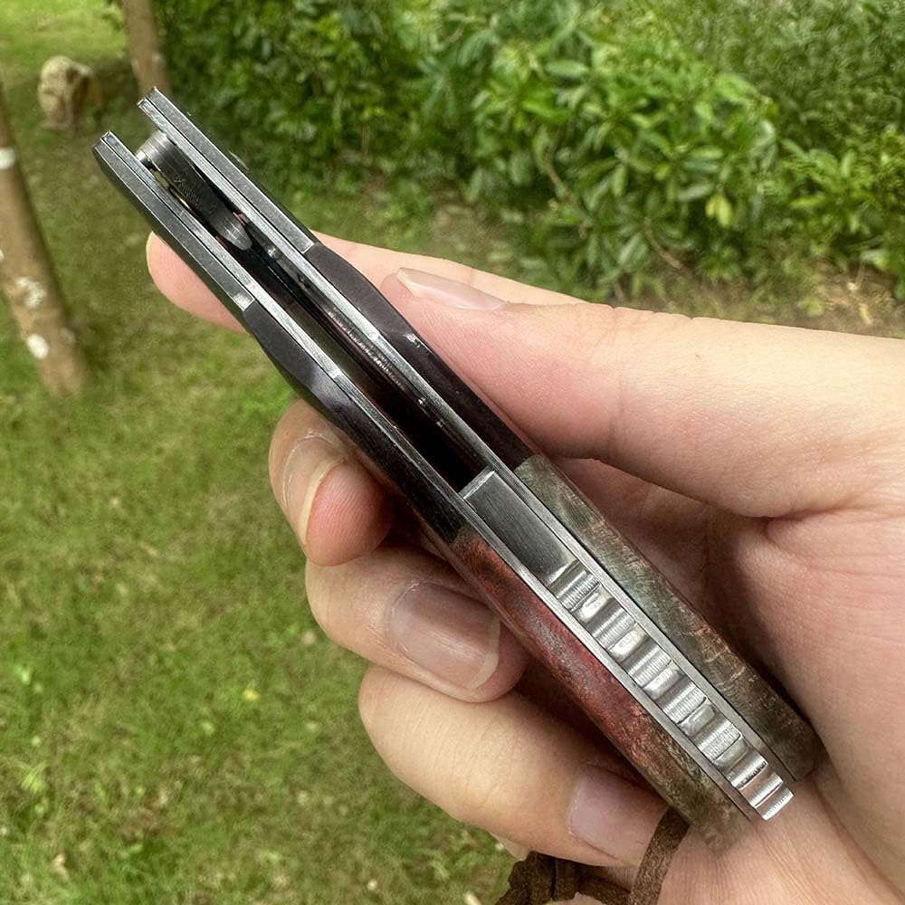 Outdoor Messer Survival Tragbar Taschenmesser Flach Aus stahl Damaskus,stabilisierte holz,Damast Klappmesser,Camping Jagdmesser taktische messer, EDC Damaszener Messer,klein tanto messer mit lederseil